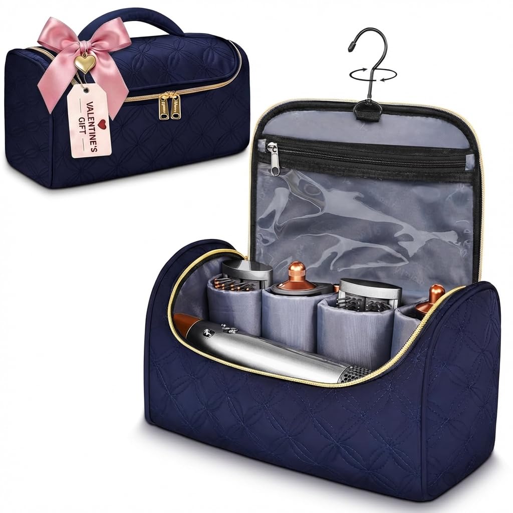 Mancro Padded Travel Case Compatible with Dyson Airwrap Complete Styler and Attachments, Portable Storage Bag with Metal Hanging Hook for Airwrap All Models, Long Barrel, Hair Curler Accessories, Blue