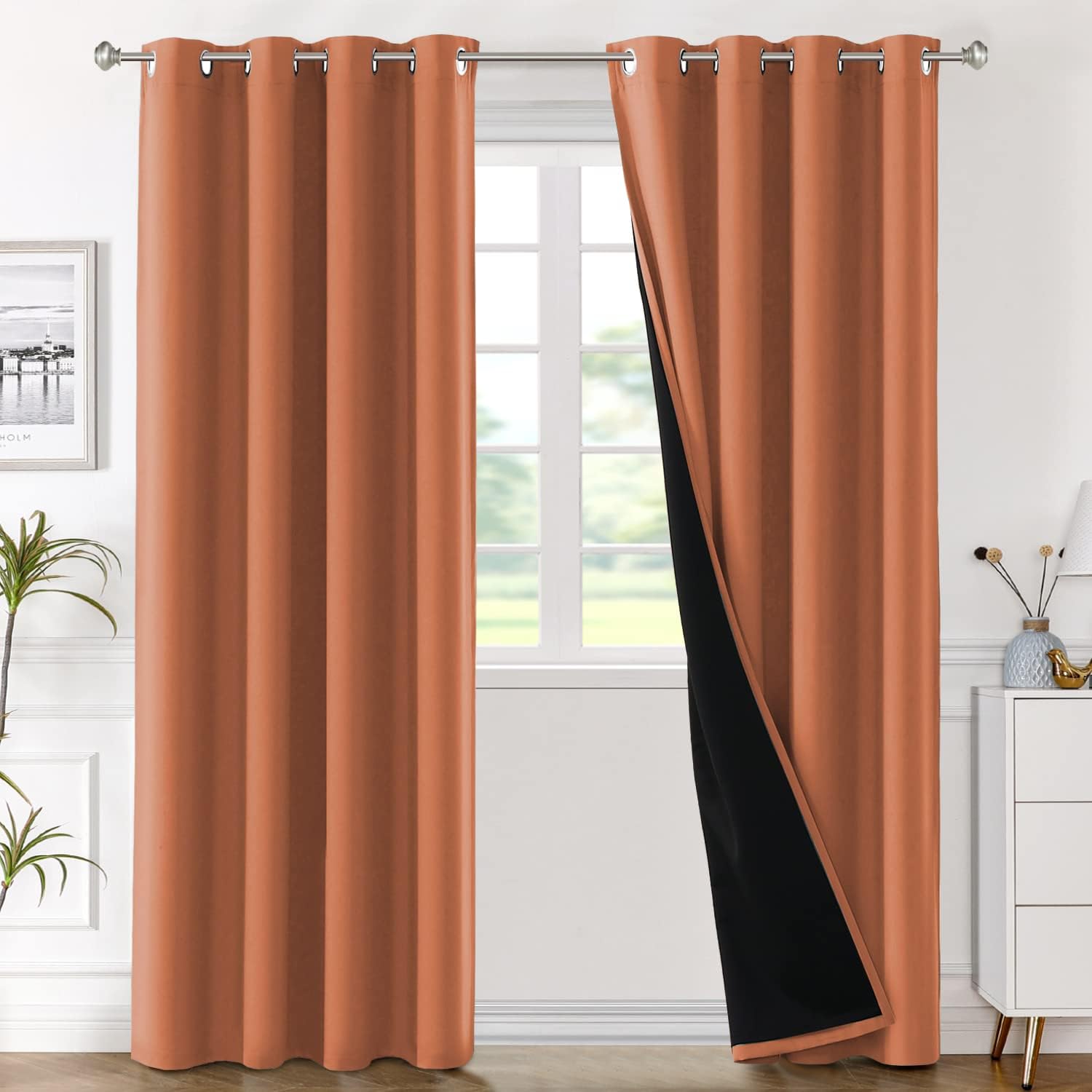 H.VERSAILTEX 100% Blackout Window Curtain Panels, Cold and Full Light Blocking Drapes with Black Liner for Nursery, 84 inches Thermal Insulated Draperies (2 Pieces, 52" Wide per Panel, Burnt Orange)