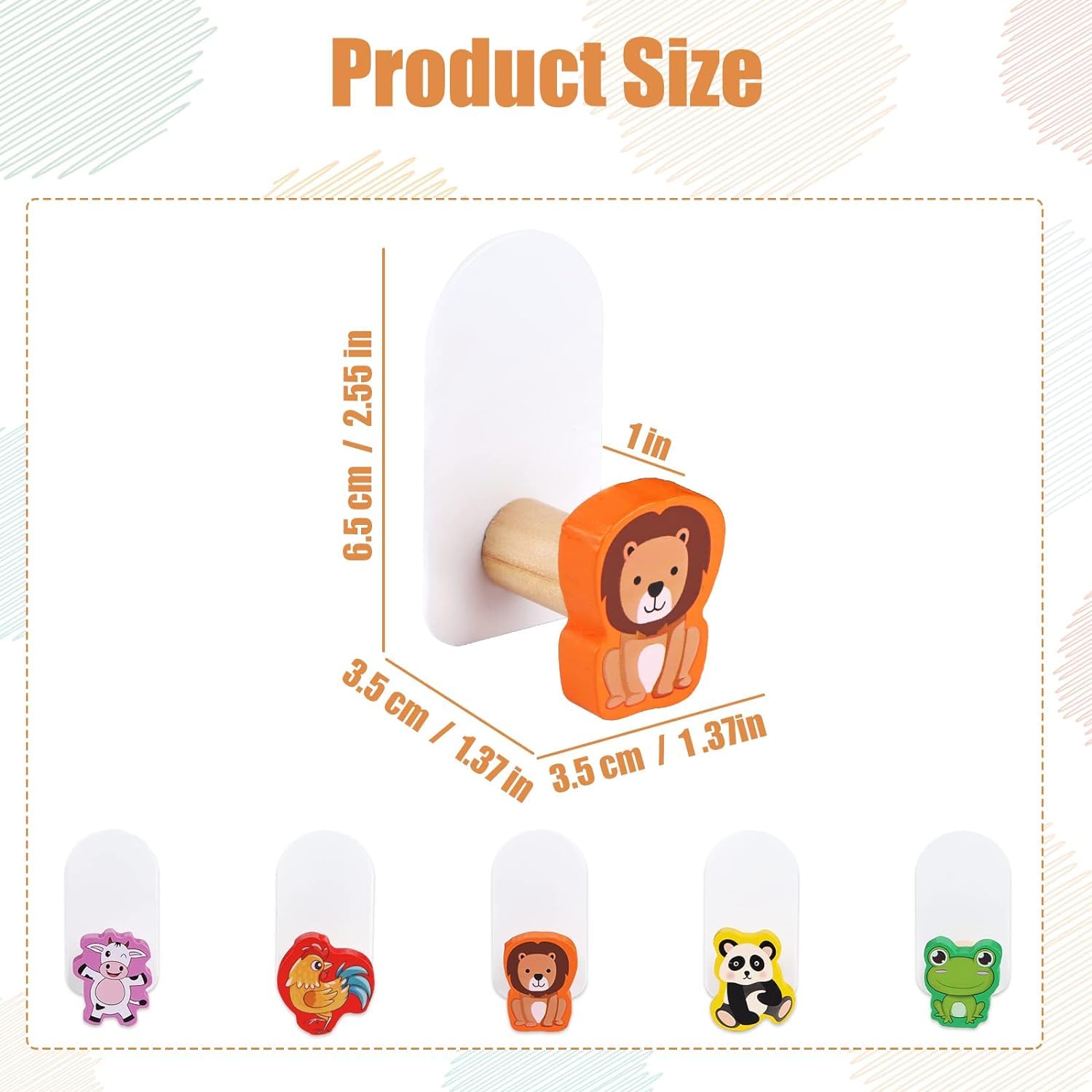 Ganci Appendiabiti per Bambini 5 Pezzi, a Parete, Animali Autoadesivi, Legno, Senza Foratura