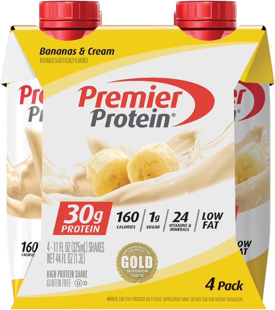 Premier Protein, 30g Shakes Bananas and Cream, 44 Fl Oz, Pack of 4