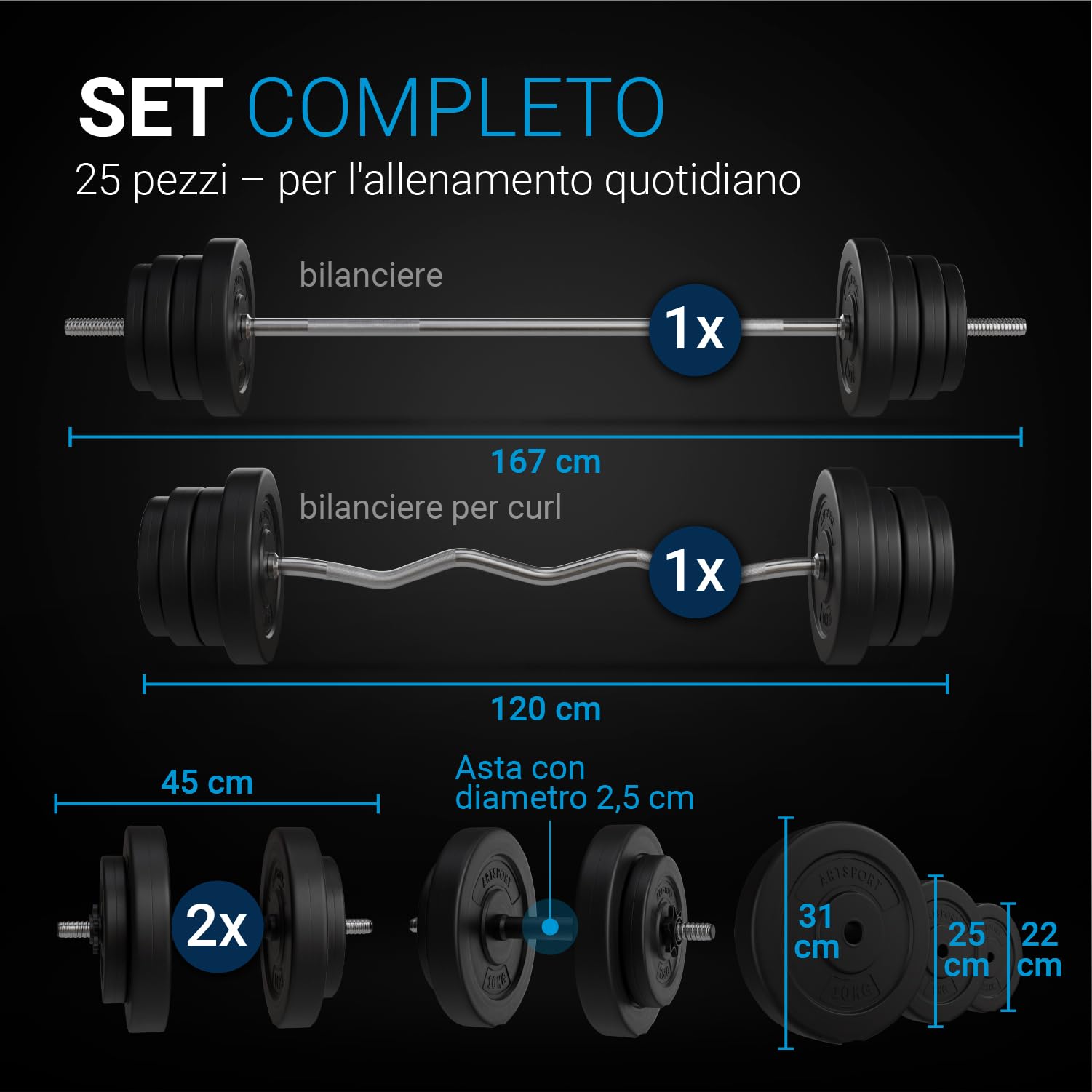 ArtSport set di manubri corti 3in1 con 2 manubri, 1 bilanciere e 1 manubrio Curl SZ - 12 pesi da 60kg e serrature a stella| Set di manubri per l'allenamento muscolare