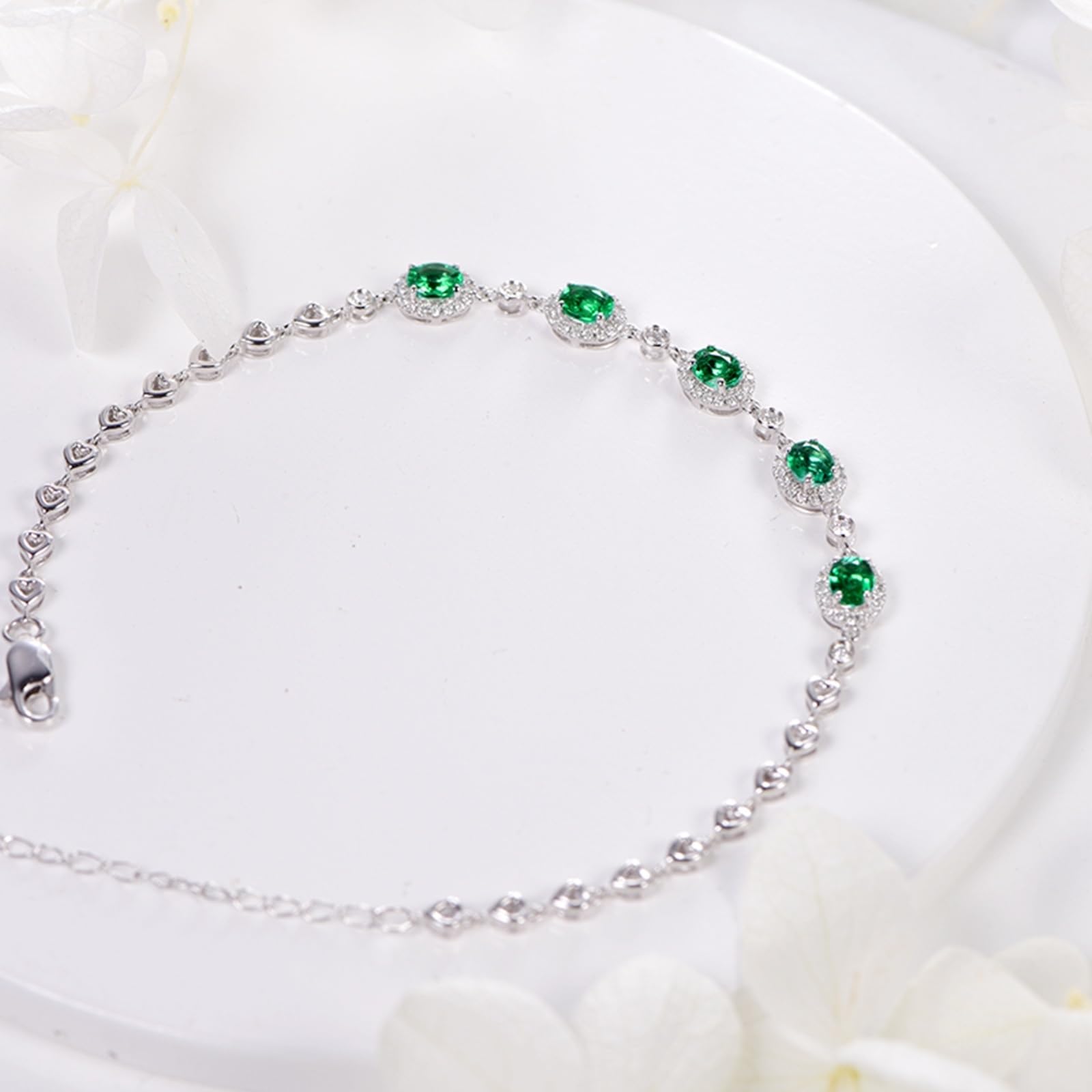 Bracciali in Oro Bianco 18k/14k/9k Vero, Bracciale con Smeraldo Sintetico 0.85ct 16-18 cm Estensione 4 cm con Moissanite, Braccialetto Donna Matrimonio