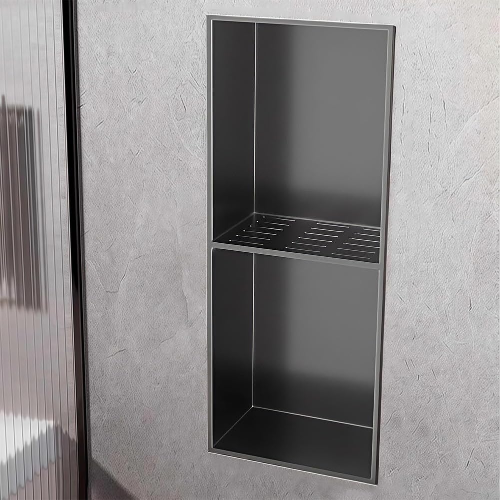 Paneles de ducha de Acero inoxidable 304, botiquín de Metal Negro multicapa empotrado con orificio de drenaje, estantes duraderos para baño y cocina, solución de almacena