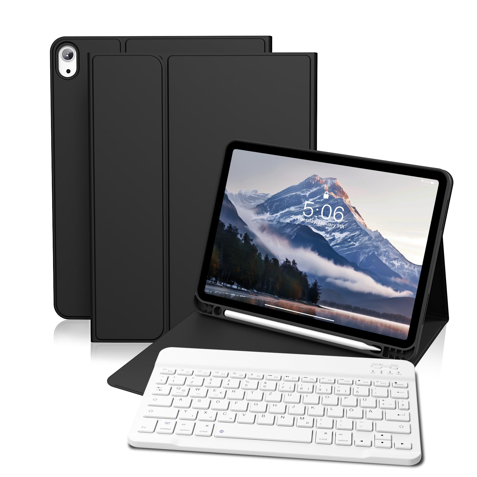 GKABXY Hülle mit Tastatur für iPad (A16) 10/11 Generation, 10.9/11 Zoll, (2022/2025), Soft TPU Rückseite Gehäuse mit Stifthalter, Magnetische Abnehmbar Bluetooth Tastatur, QWERTZ-Layout, Schwarz