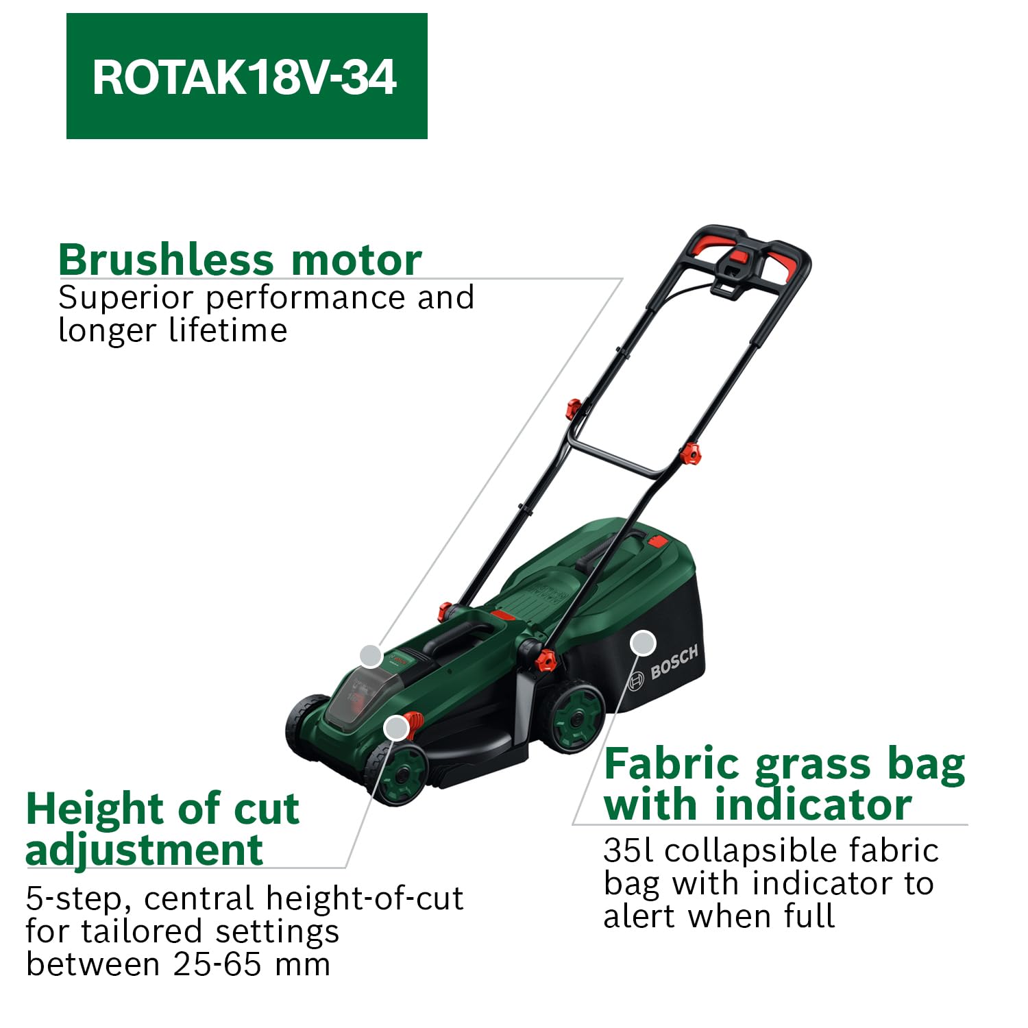 Bosch Cordless Lawn Mower ROTAK18V-34 (Cutting Width: 34 cm, Height of Cut: 25-65 mm, 35 l Fabric Grass Bag, Mulch plug, incl. Battery and Charger) - 4