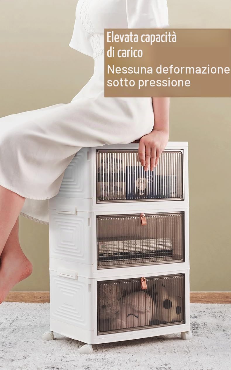 Contenitori pieghevoli con coperchio, ruote e porta magnetica, organizer pieghevole impilabile in ABS per cucina, guardaroba, soggiorno, ufficio (6 ripiani)