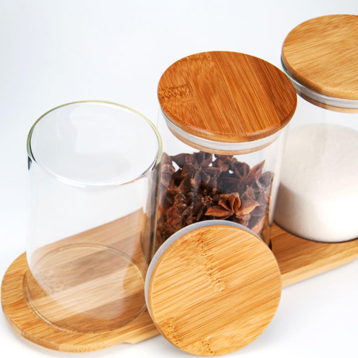 TOYANDONA Set 3 Barattoli Porta Spezie in Vetro Coperchio e Base in Bambù Contenitori Sigillati per Conservazione Alimentare Multiuso per Cucina e Dispensa Design Trasparente e Stabile