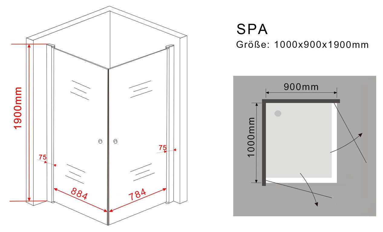 SPA Duschkabine 100x90x190 Cm – Rahmenlos, Mit 8 Mm ESG Glas, Bodeneben Montierbar