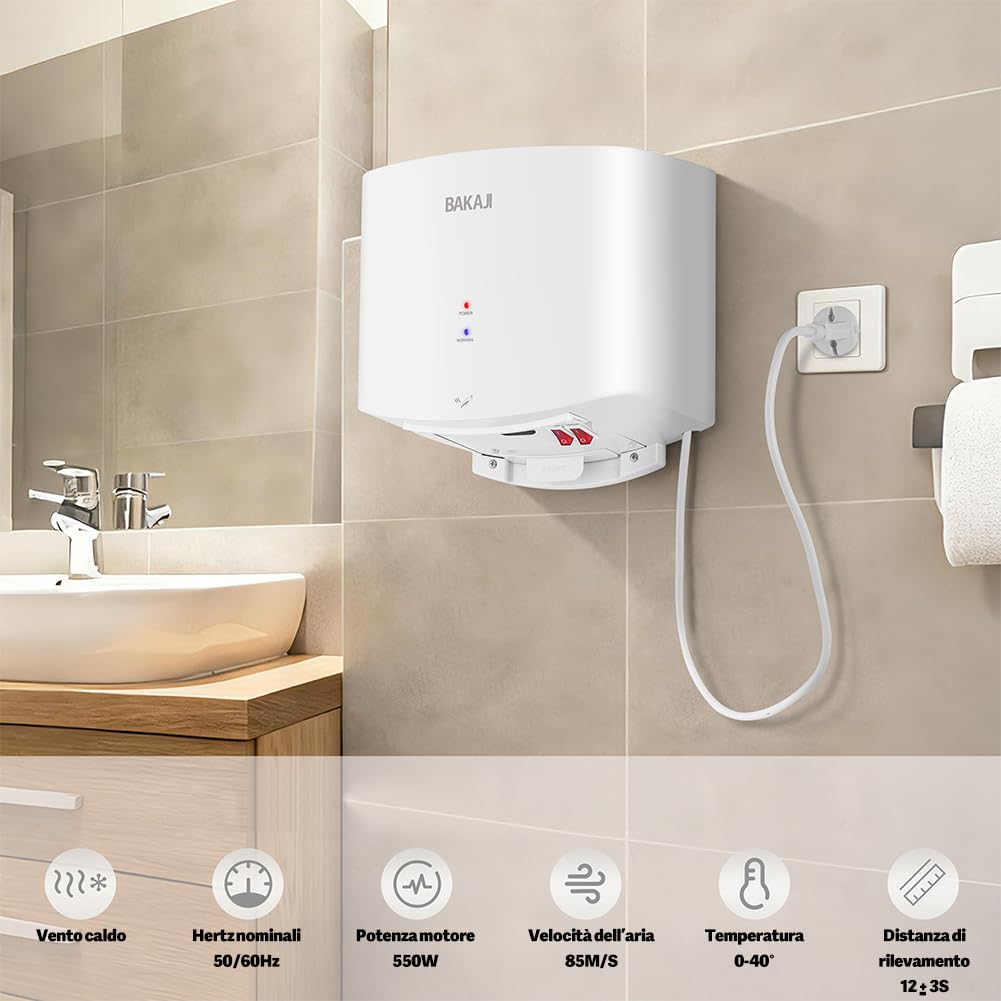 BAKAJI Asciugamani Elettrico a Parete Automatico per Bagno, Hotel, Ristorante, Bar, Asciuga Mani a Muro 1400W Compatto, Asciugatura Alta velocità Fredda e Calda, Senza Contatto per Bagni Pubblici