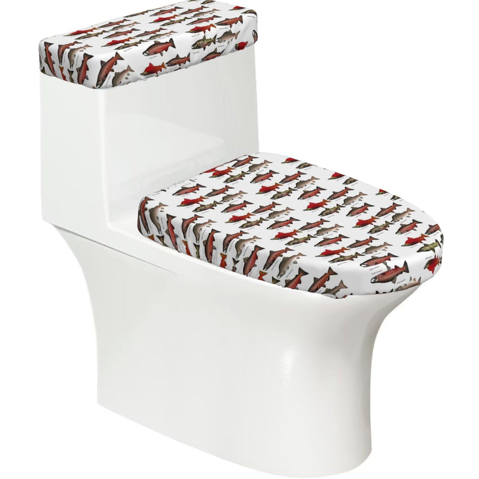 Salmon Printed Toilet Tank and Lid Cover Set of 2 for Most Bathrooms, Fits Elongated Round Toilets