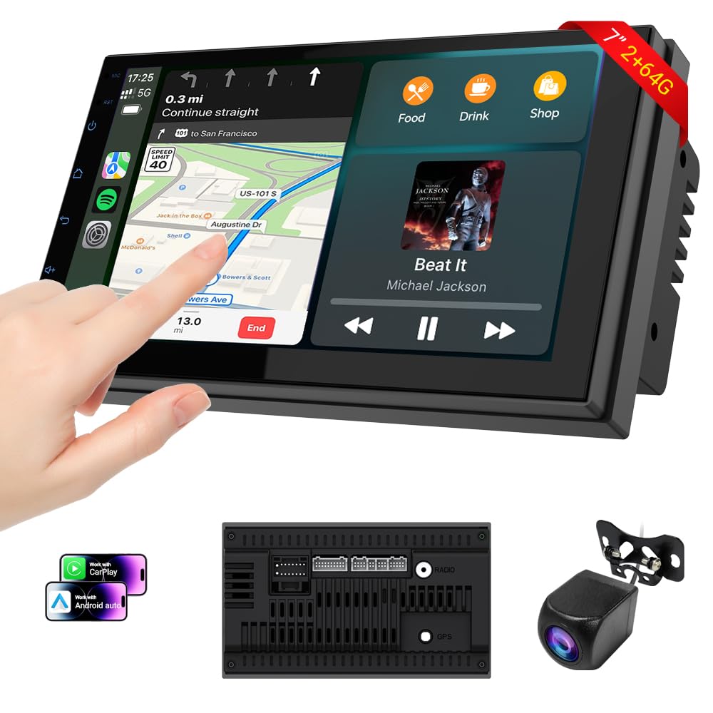 Haudio Car Accessories 7" HD Double Din Car Stereo with Carplay & Android Auto, 2+64G CarAudio Receivers Featuring Voice Control, Backup Camera,