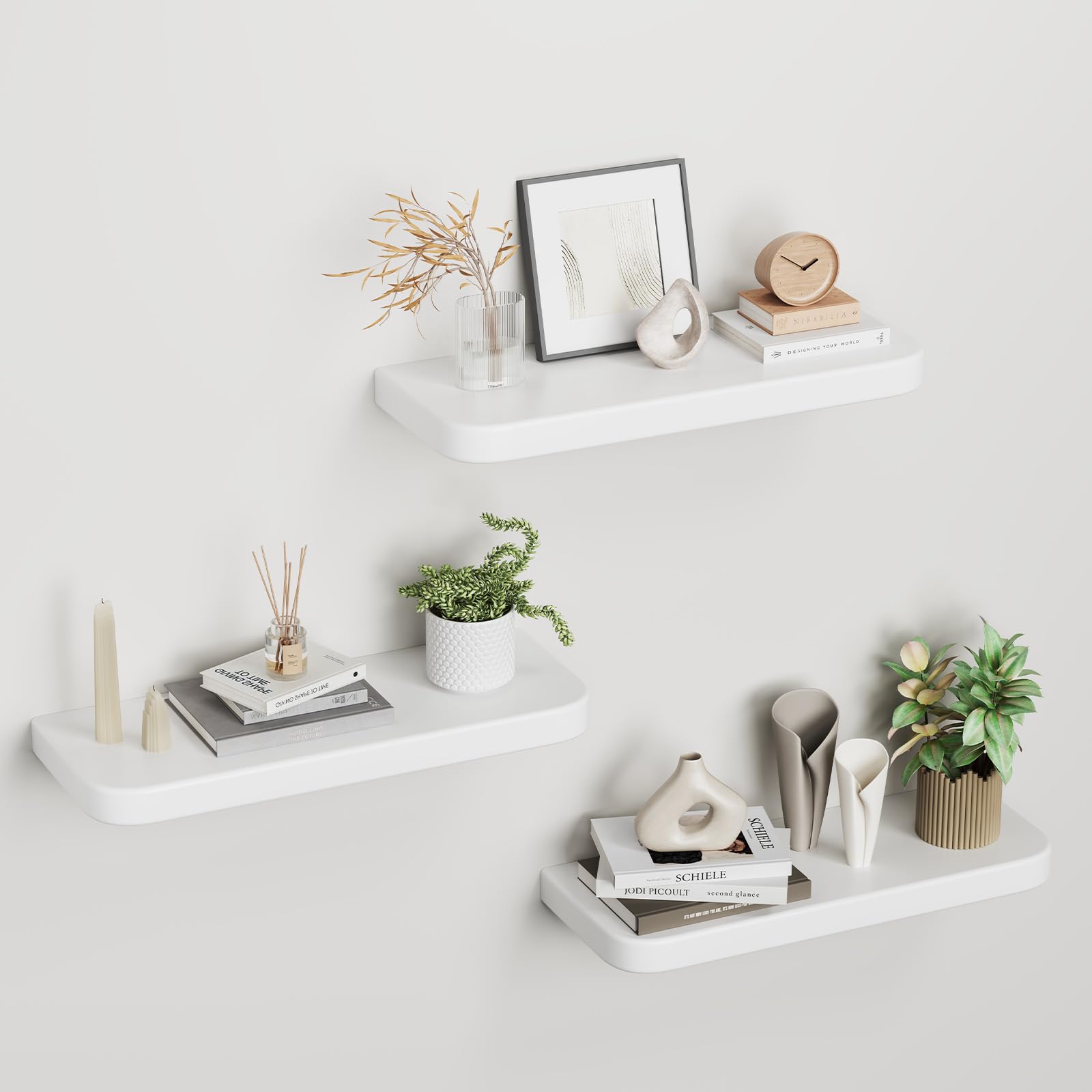 hi-home Wandregal 3er Set aus Holz – Schweberegale mit Unsichtbarer Halterung, Rustikales Holzregal für Wohnzimmer, Schlafzimmer oder Küche, Platzsparendes Wandboard für Bücher und Deko, Weiß