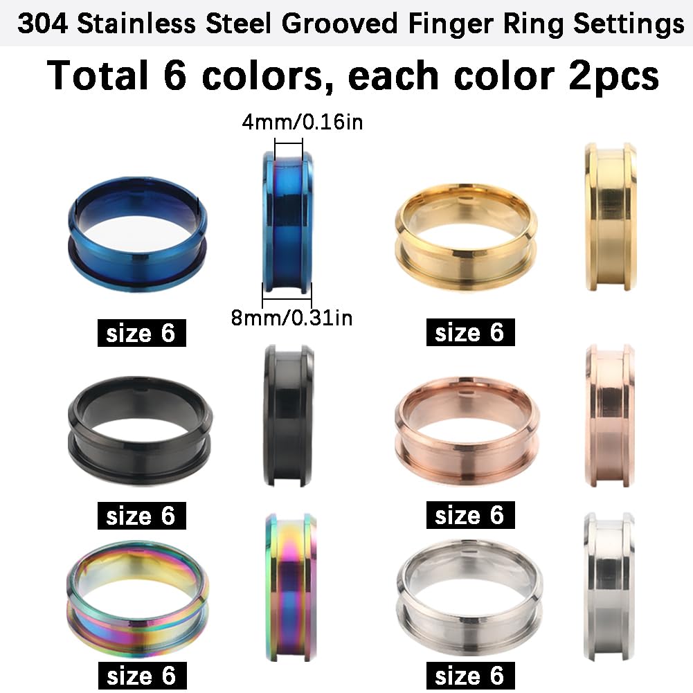 SUNNYCLUE 1 Box 12Pcs Stainless Steel Ring Blanks US Size 7 Grooved Finger Rings Blue Black Golden Core Blank Cores Round Groove Empty Inlay for Resin Craft jewellery Making Kits - Image 2