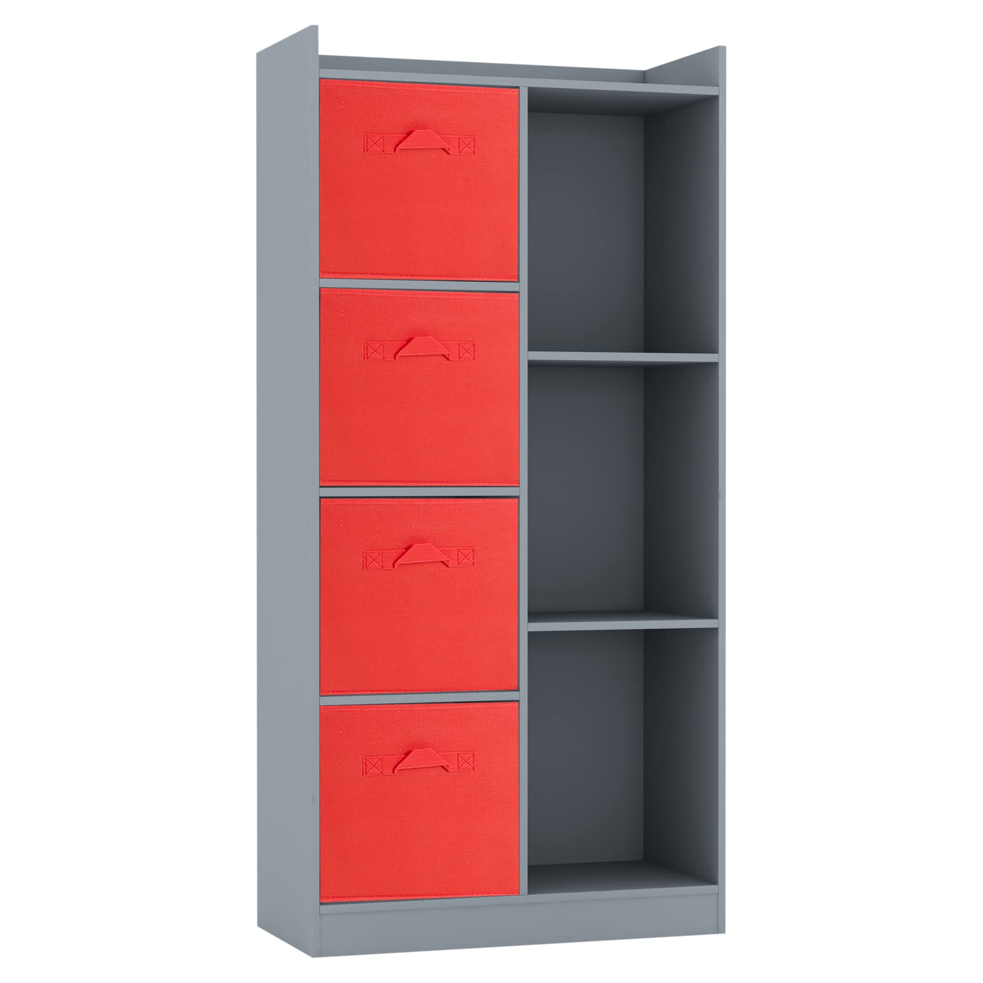 URBNLIVING Tall Wooden 7 Cube Bookcase Shelving Display Storage Unit Cabinet Shelves New (Grey Bookcase) (Red Drawer)