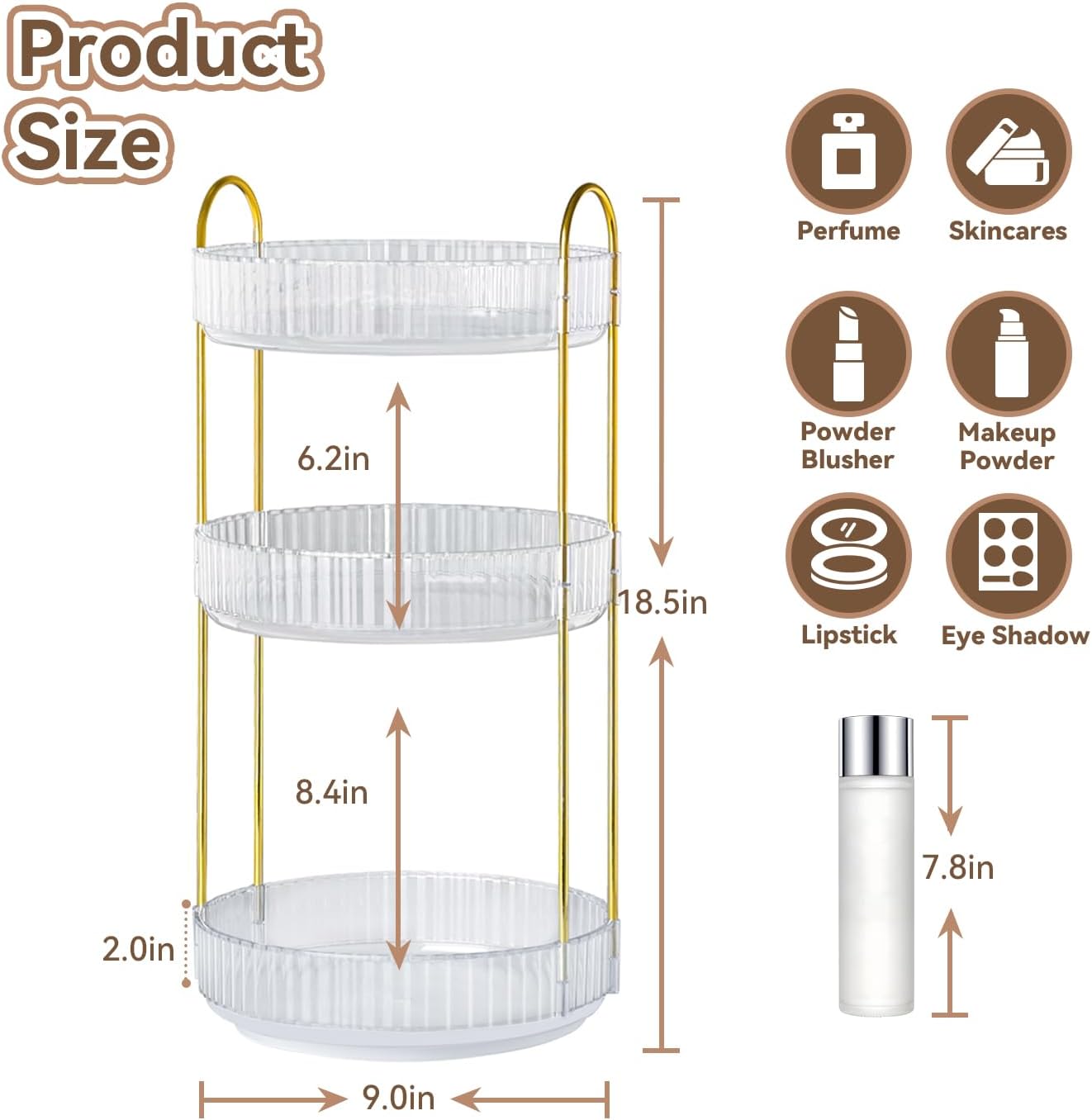 360° Rotating Makeup Organizer for Vanity, 3 Tier Perfume Organizers Skincare Organizers and Storage for Bathroom Countertop, Spinning Cosmetic Organizer for Bedroom Dresser Counter (Clear) - Image 3