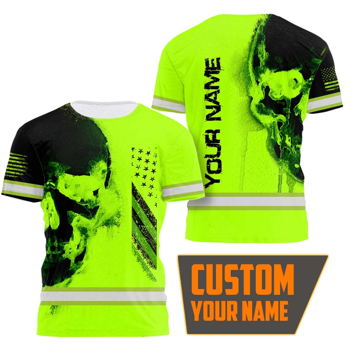 Matedecor High Visibility Shirt for Men Reflective Safety Shirts Black Skull USA Flag Custom Name for Workwear Runners, Walkers, Patriotic