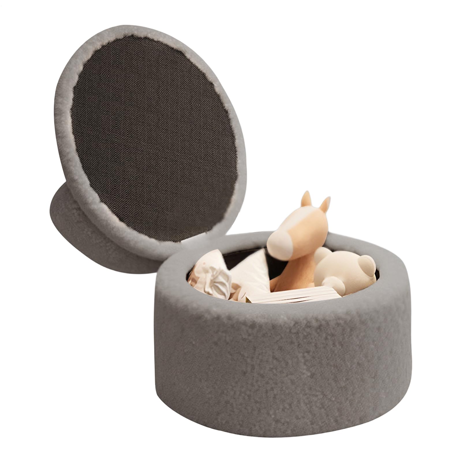 Banc rond peluche avec rangement discret pour une entrée soignée et accueillante