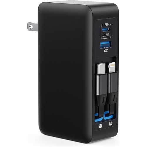 120W USB C Charger Block with 2 Built-in Retractable Cables,4-in-1 GaN IV Foldable Plug Wall Charger Fast Charging Station,PD 65W Laptop Adapter for MacBook/iPad,iPhone 16/15/14,Android (Black)