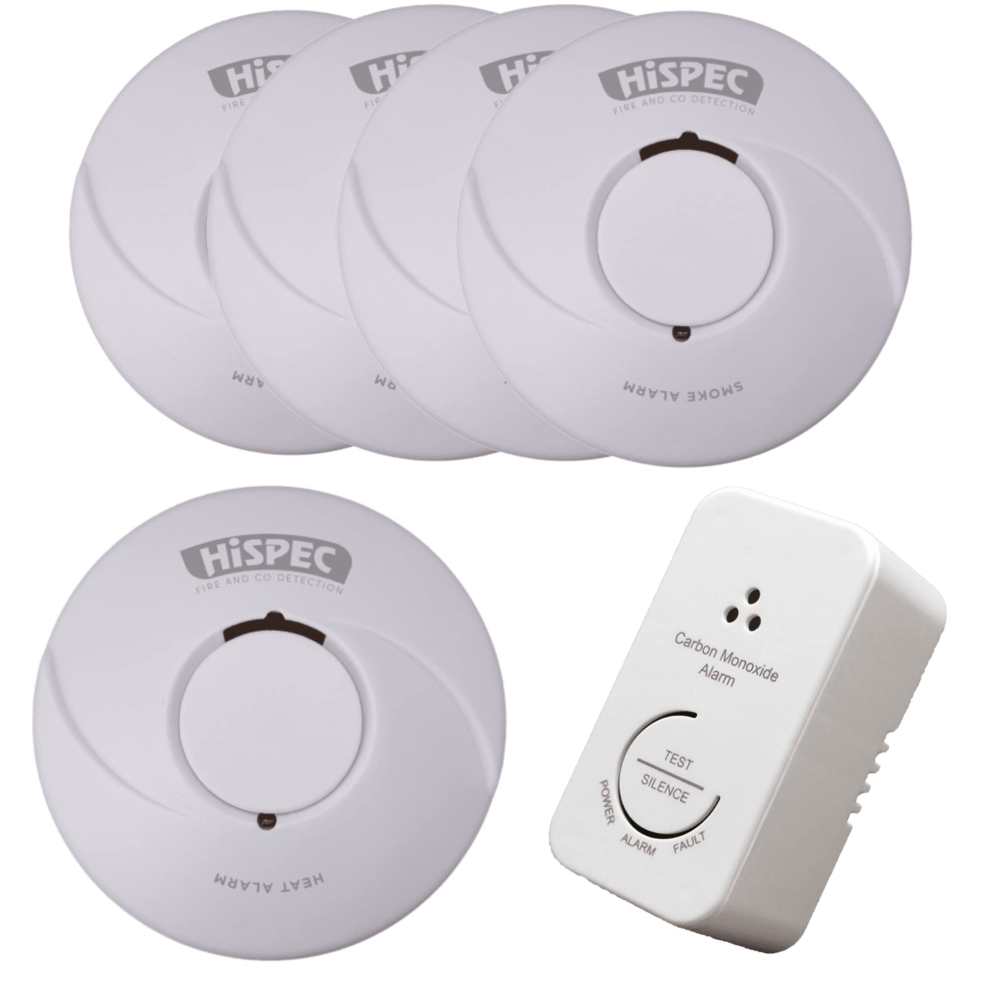 HiSPEC Smoke Alarms Heat Detectors and CO Detectors Fire Safety Kits: Fully Compliant to 2022 Scottish Legislation (4 Smoke / 1 Heat / 1 CO)