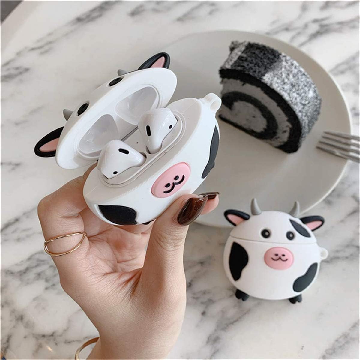 WowChic for AirPod Case Cover for AirPods 1st/2nd Soft Silicone Protective Fashion Cartoon Design Cute Shell Accessories Keychain Shockproof Animal Cow Funny Skin Air Pods 1&2 Charging Cases for Girls