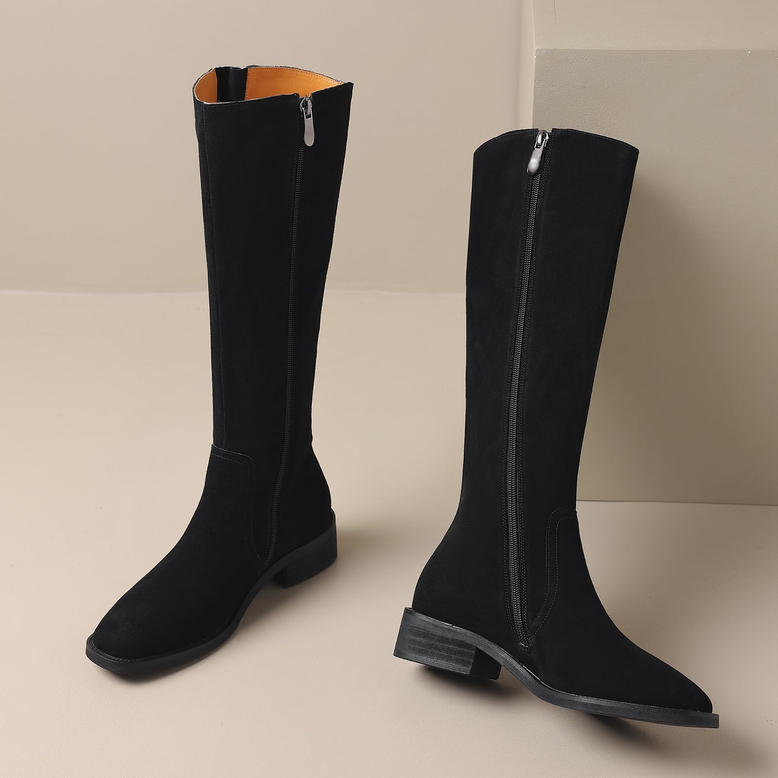 Stivali da donna Vintage Nubuk al ginocchio con pizzo quadrato e bassi, tacchi grossi per l'inverno