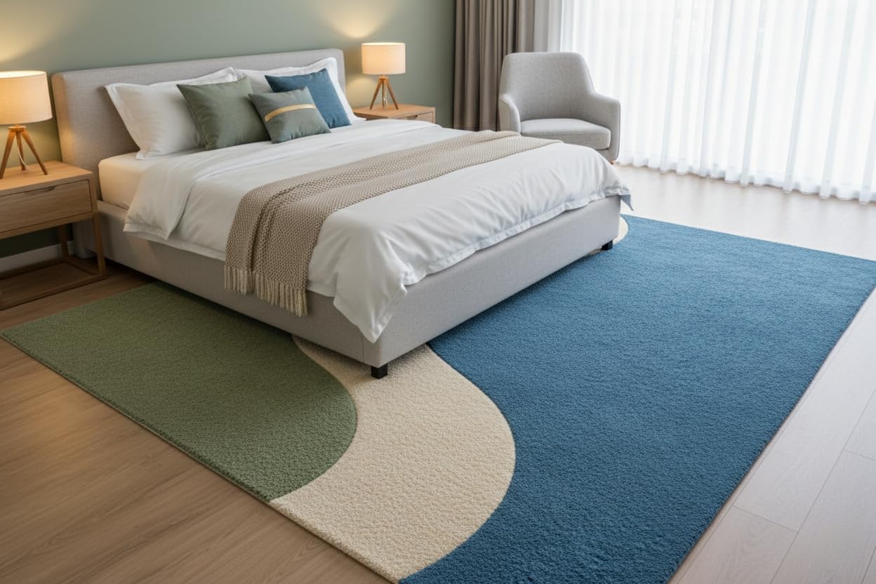 Hand-Crafted Premium Wool Area Rug Geometric Wave Fusion Design for Living Room, Bedroom, Dining Room, Hall & Office Decor 9 x 12 Feet Green/Blue