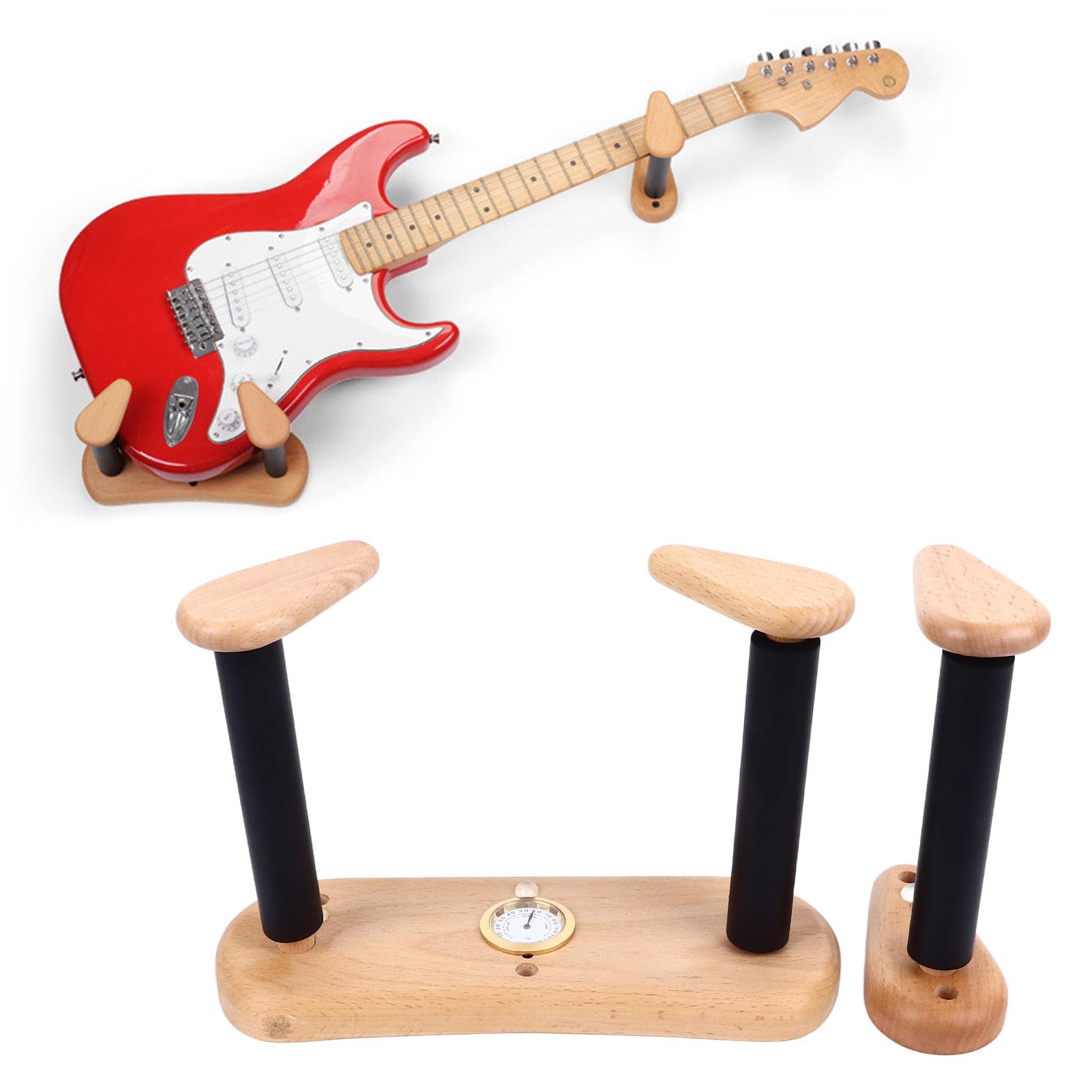 Hak gitarowy PolyGen Split Design z wyściółką EVA do użytku w domu/studio, solidny drewniany wieszak na gitarę do poziomego montażu ściennego gitar basowych/elektrycznych (With Hygrometer)