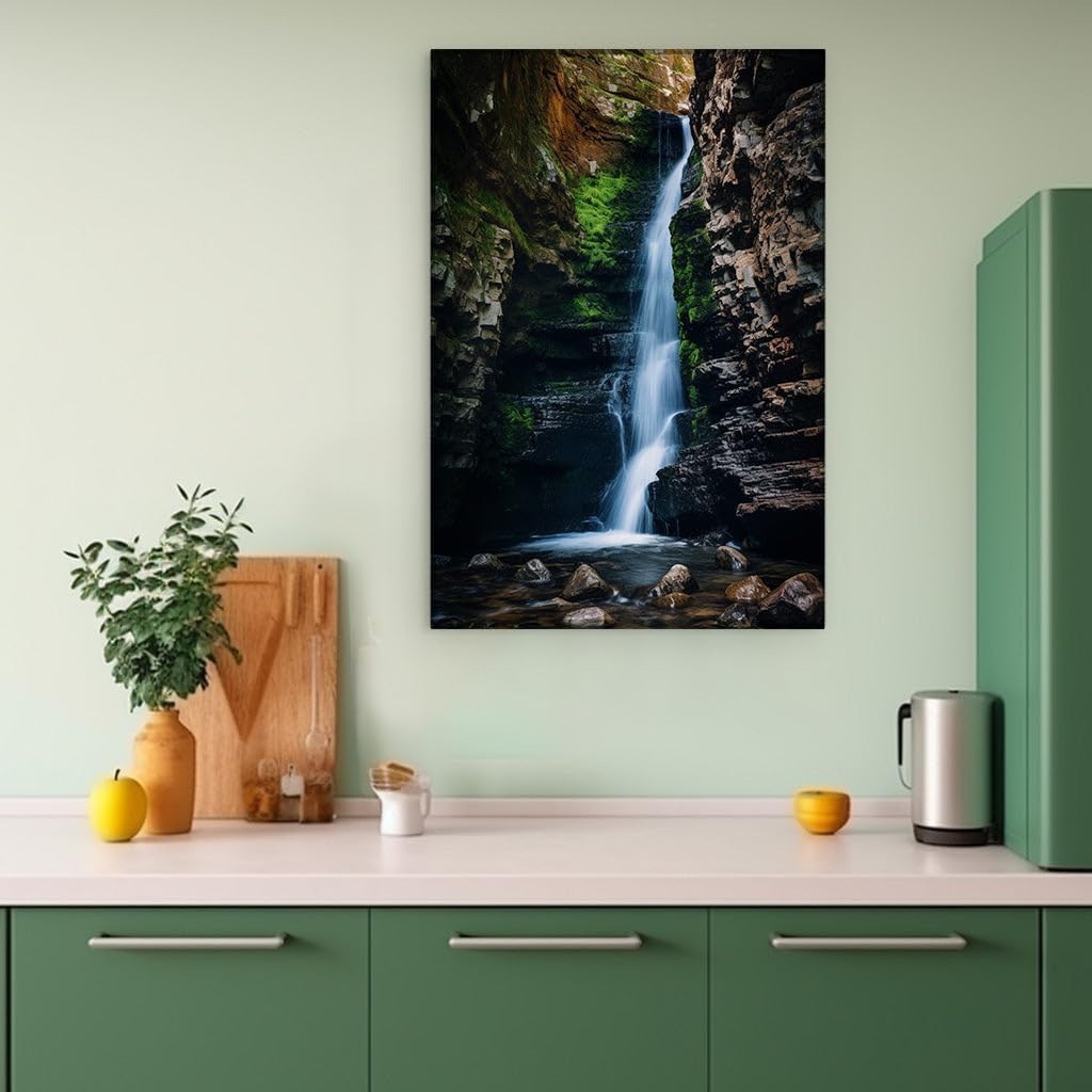 Canvas for Living room. Whispers of Serenity Water's Graceful Dance Over Moss-Clad Stones, 27 x 18 inch Canvas Wall Art - Contemporary Masterpieces - Modern Home Decor - 69x46 cm (27x18 inch)