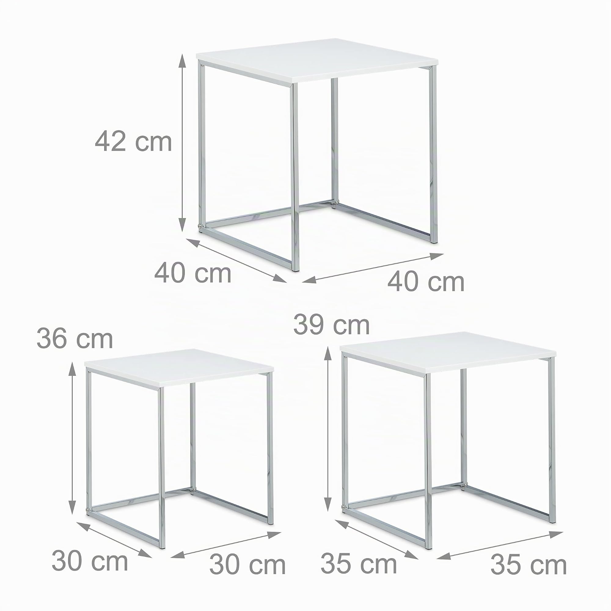 Relaxdays – Conjunto de 3 mesas auxiliares, madera y metal, diseño moderno, 42 x 40 x 40 cm, se pueden colocar uno sobre otro, color blanco