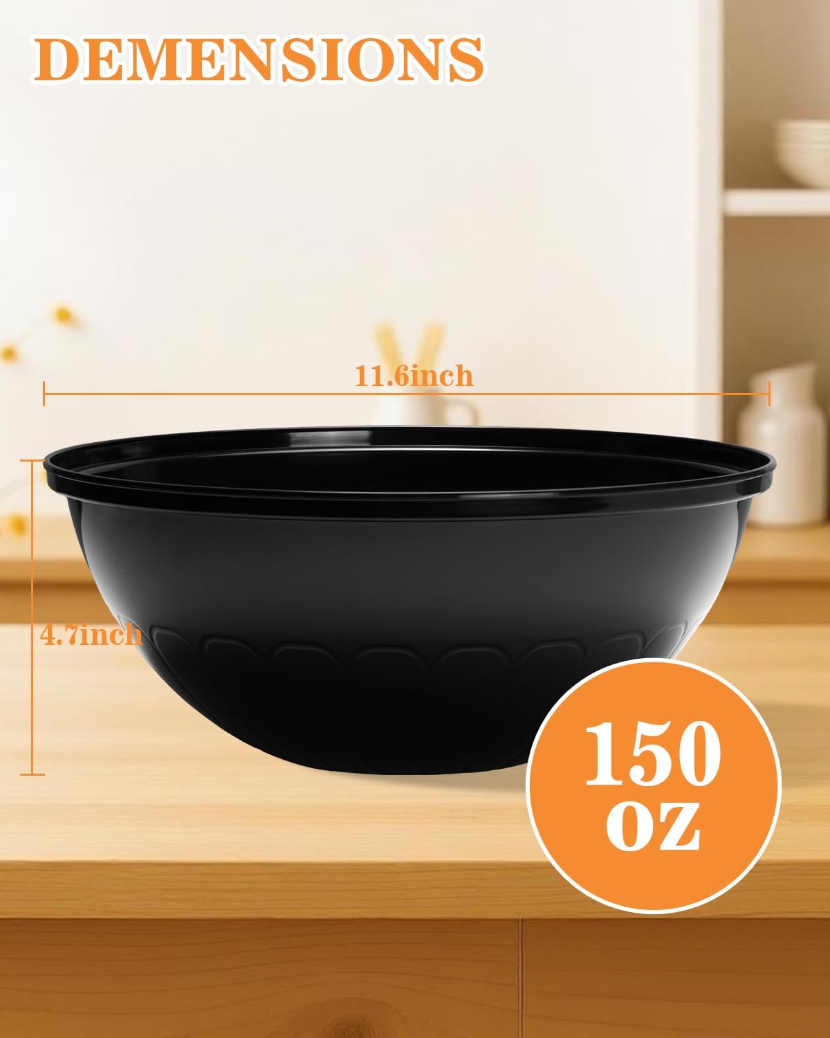 BESTVIP 150oz 4 Pack Black Plastic Serving Bowls for Party, Disposable 11.6" Large Salads Container for Snacks, Chips, Meal Prep, Stackable Candy Dishes for Christmas, Holiday, Reusable - Image 5