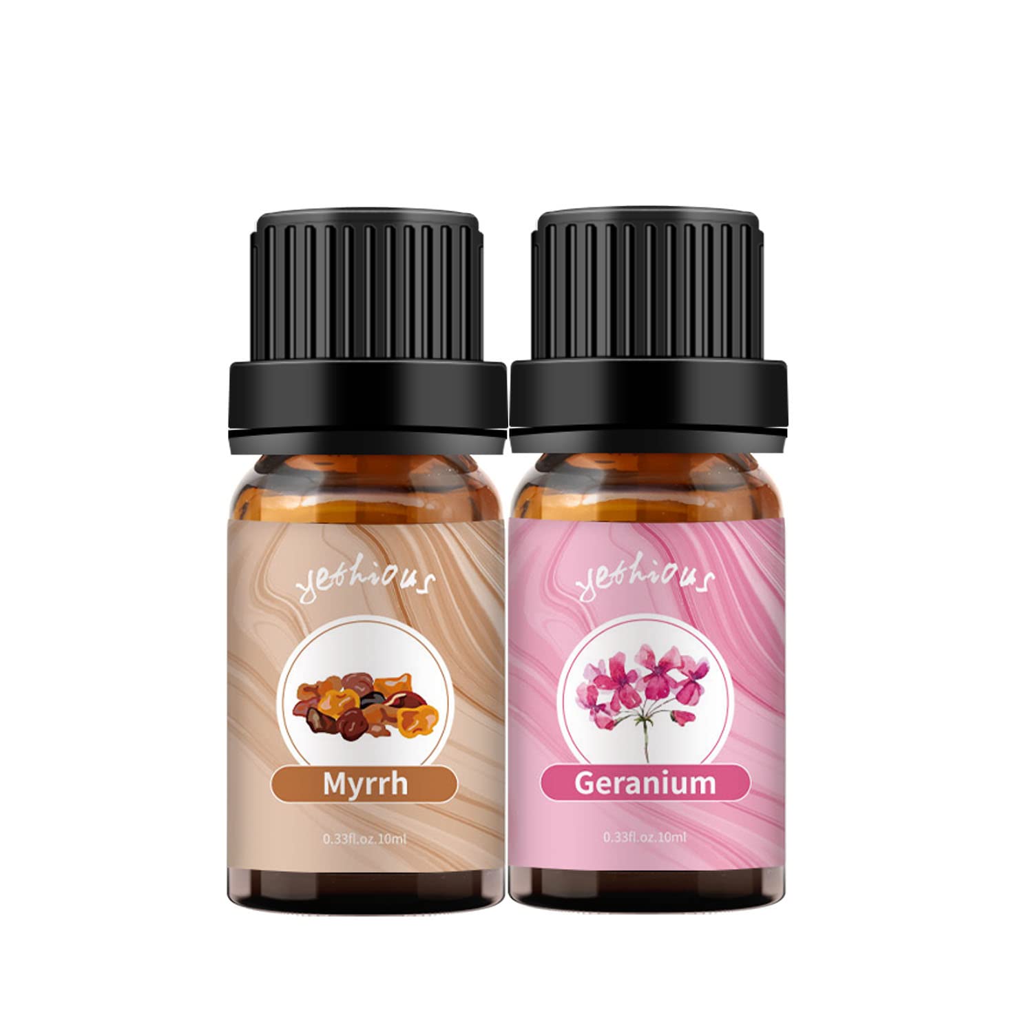 yethious Geranium Essential Oil Bundle with Myrrh Essential Oil 100% Organic Pure Aromatherapy Gift Oil 10ml for Diffuser, Soap, Candle Making