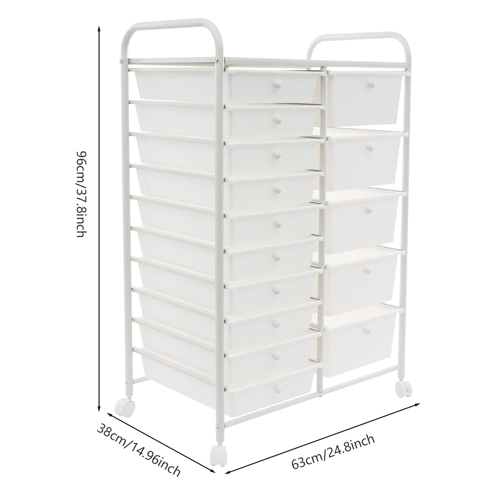 WooDerson Chariot de cuisine avec 15 tiroirs sur roulettes, chariot de service avec 4 roues universelles, chariot de bricolage mobile pour salon, cuisine, bureau (blanc)