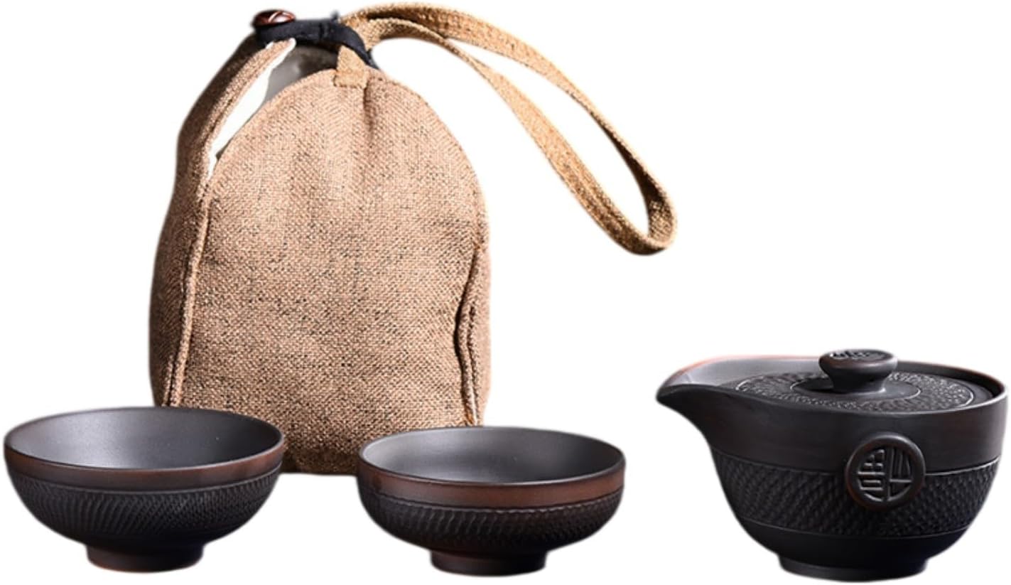 紫陶手工杯便携式陶瓷复古一壶二杯泡茶 Ceramic Kung Fu Tea Set,teapot,Teacups,warming Wedding Birthday Gift,Tea Tray Chinese,Dishwasher Safe 紫陶·有福杯【一壶二杯含包】