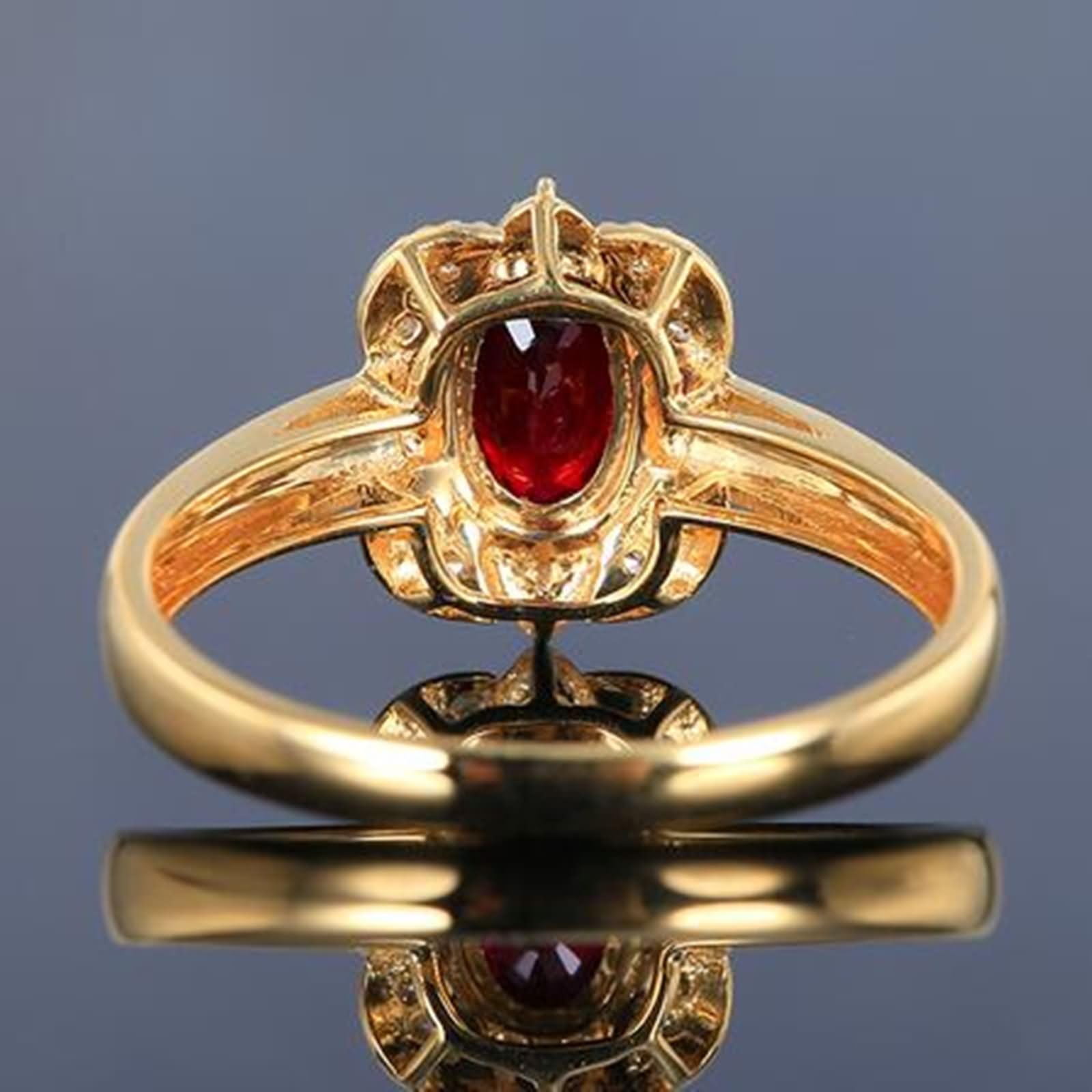 Beydodo Anillos Mujer Oro Amarillo 9 14 18 Kilates de Compromiso con Flor y Oval con Rubí Creado de 0.5ct y Moissanita, Anillo de Boda Oro Rojo de Matrimonio Mujer