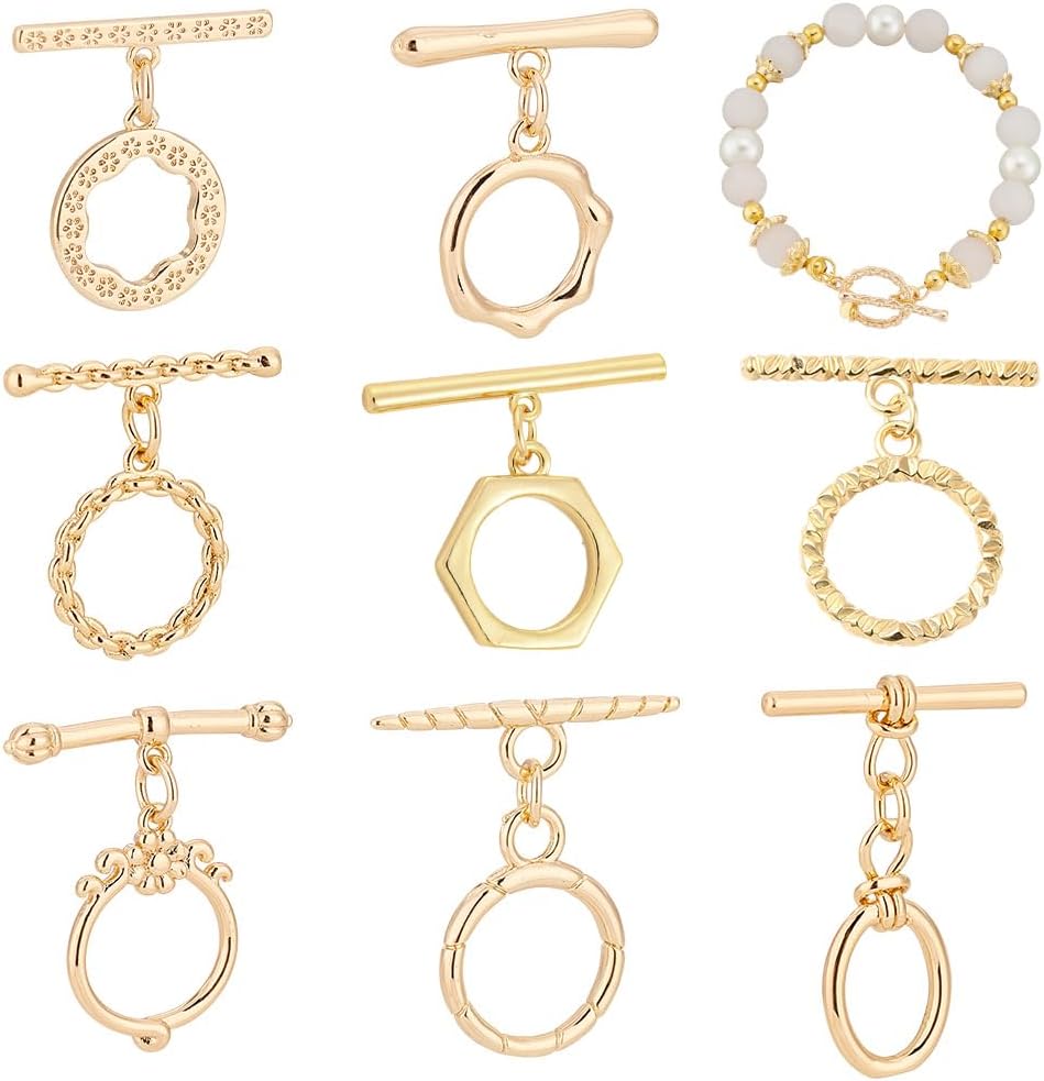 PH PandaHall 18k Gold Plated Toggle Clasps, 8 Styles T-Bar Closure Clasp Flower Ring Oval Brass Iq Toggle Clasps Finding Connectors for Bracelet Necklace Jewelry Making DIY Craft