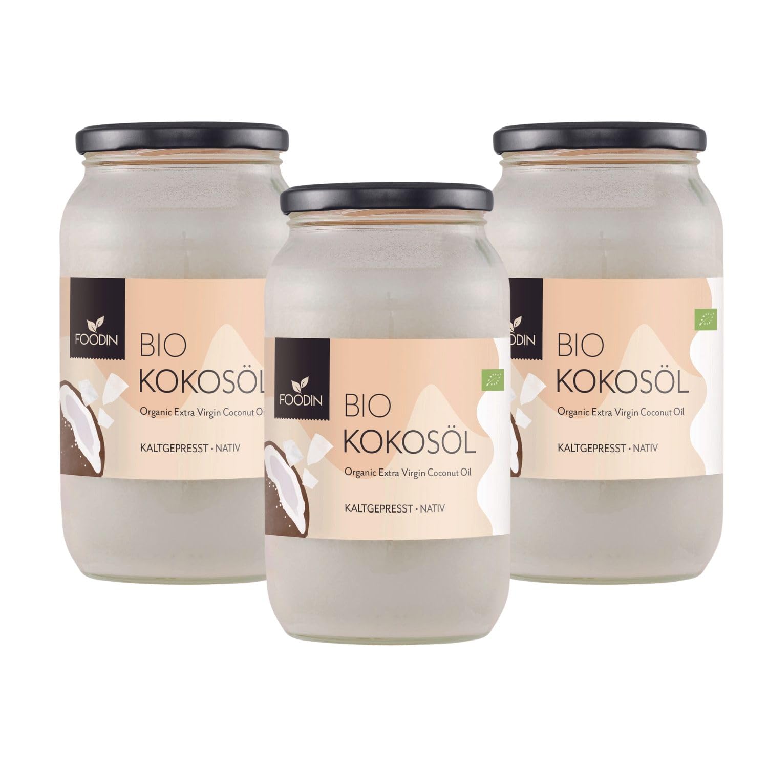 FOODIN Aceite de coco, premium virgen y natural, prensado en frío, aceite de coco orgánico, mejor para la piel y el cabello, calidad de alimentos crudos, ideal para asar y cocinar (3 x 1000 ml)