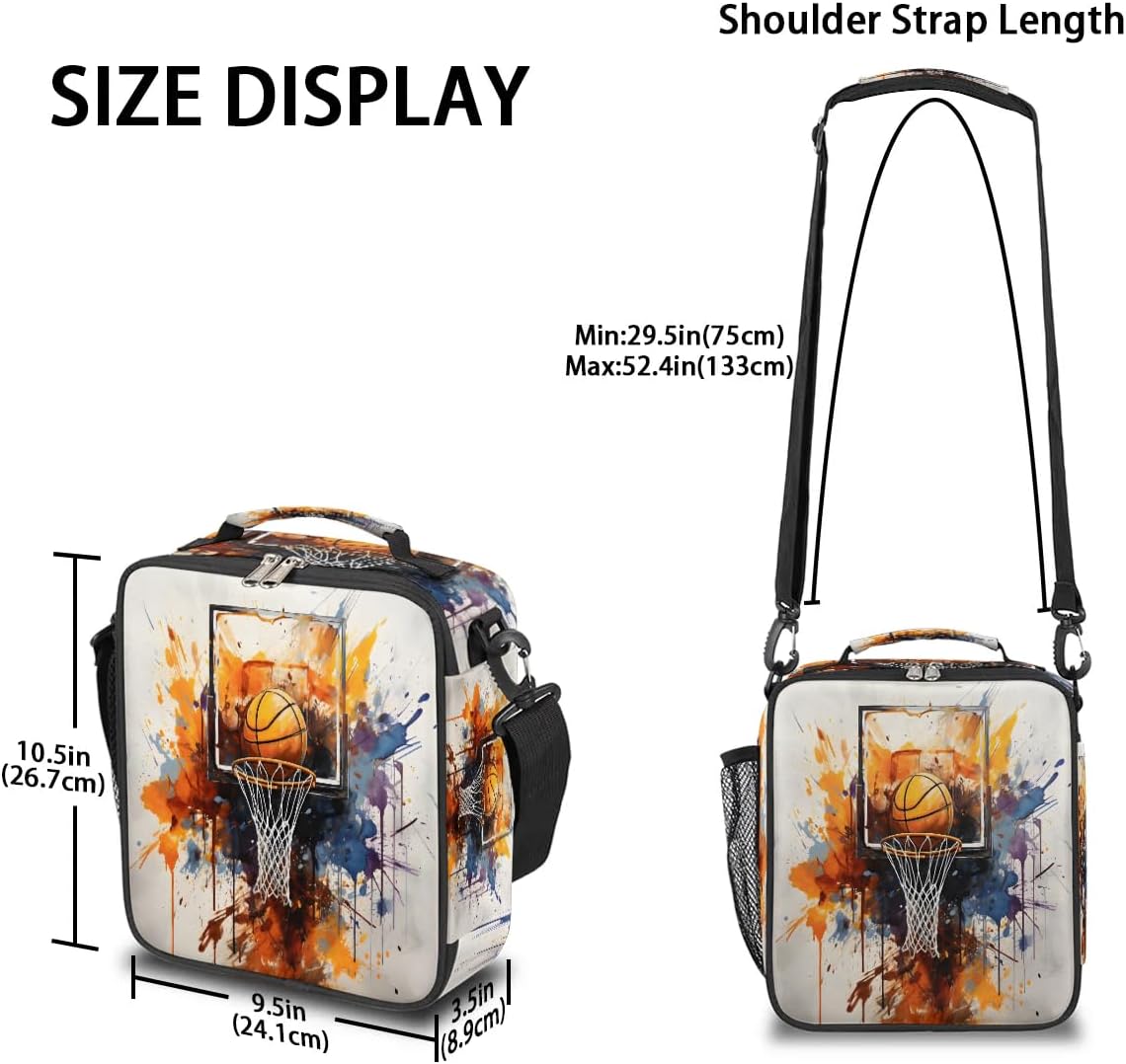 Pardick Lunch Box for Kids Watercolor Sport Basketball Lunch Bag for Girls Boys Insulated Freezable with Adjustable Shoulder Strap, Cooler Tote Bag for School Travel Picnic Beach - Image 3