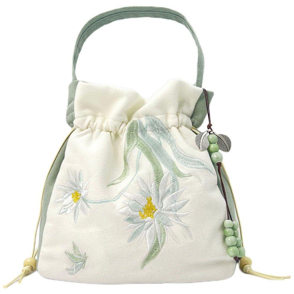 Fituenly Style1 Chinese Style Bag Literary Vintage Drawstring Purse Flower Embroidery Hanfu Handbag Ancient Messenger Shoulder Bag