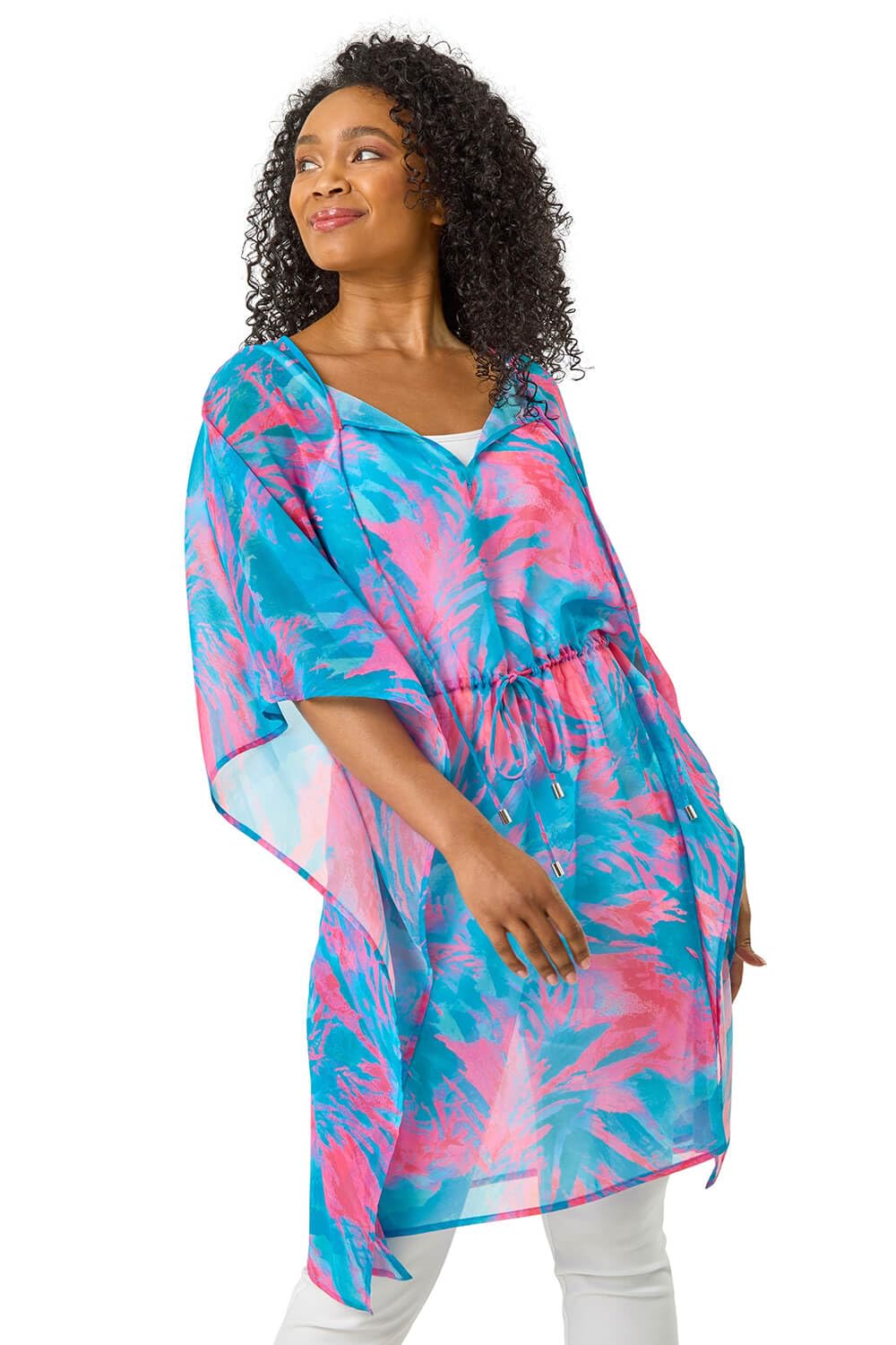 Roman Women's Blue Petite Abstract Tie Waist Cover Up In Size 14