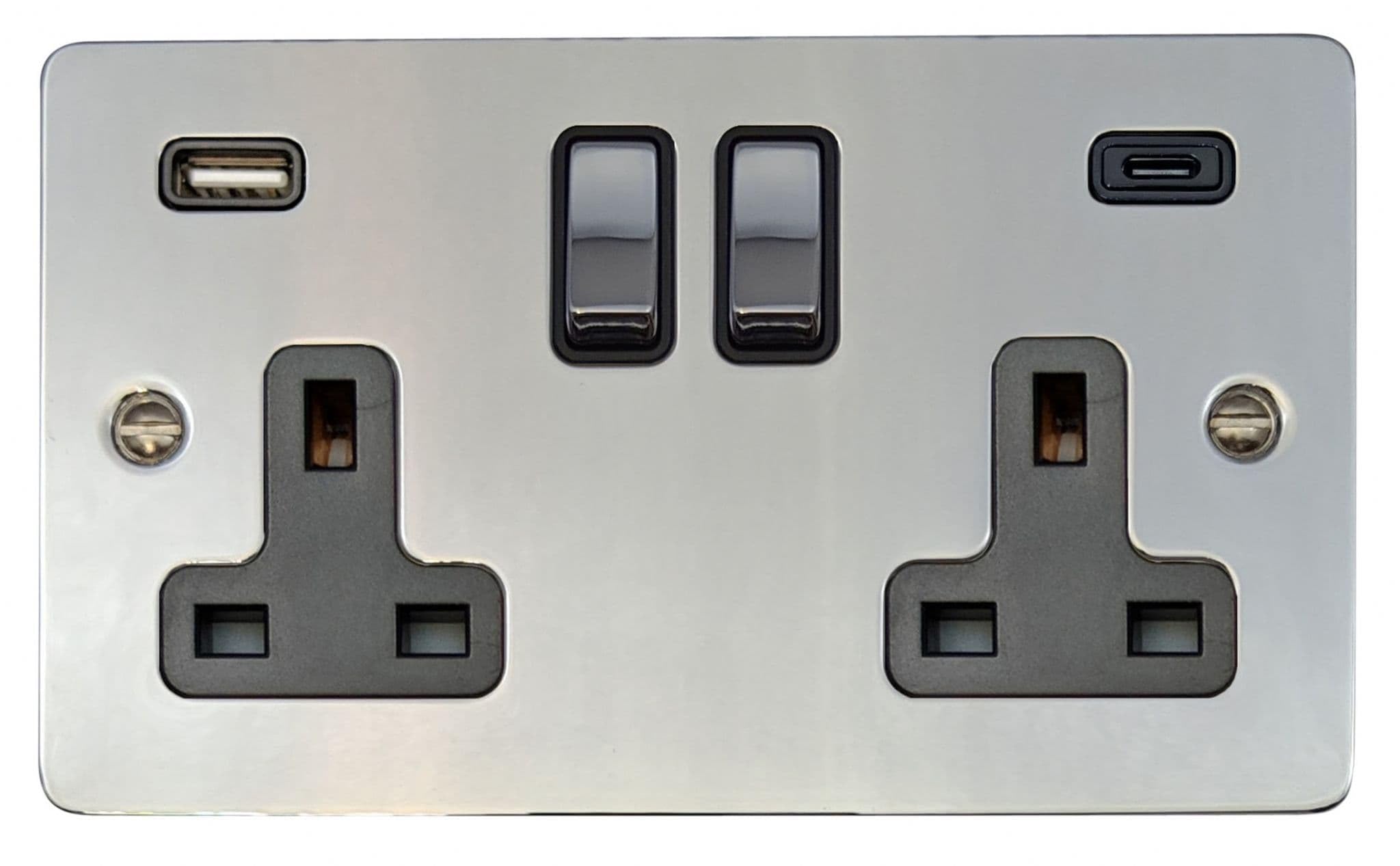 G&H Brassware G&H Fc3911 Flat Plate Polished Chrome 2 Gang Double 13A Plug Socket 3.1A Usb A + C