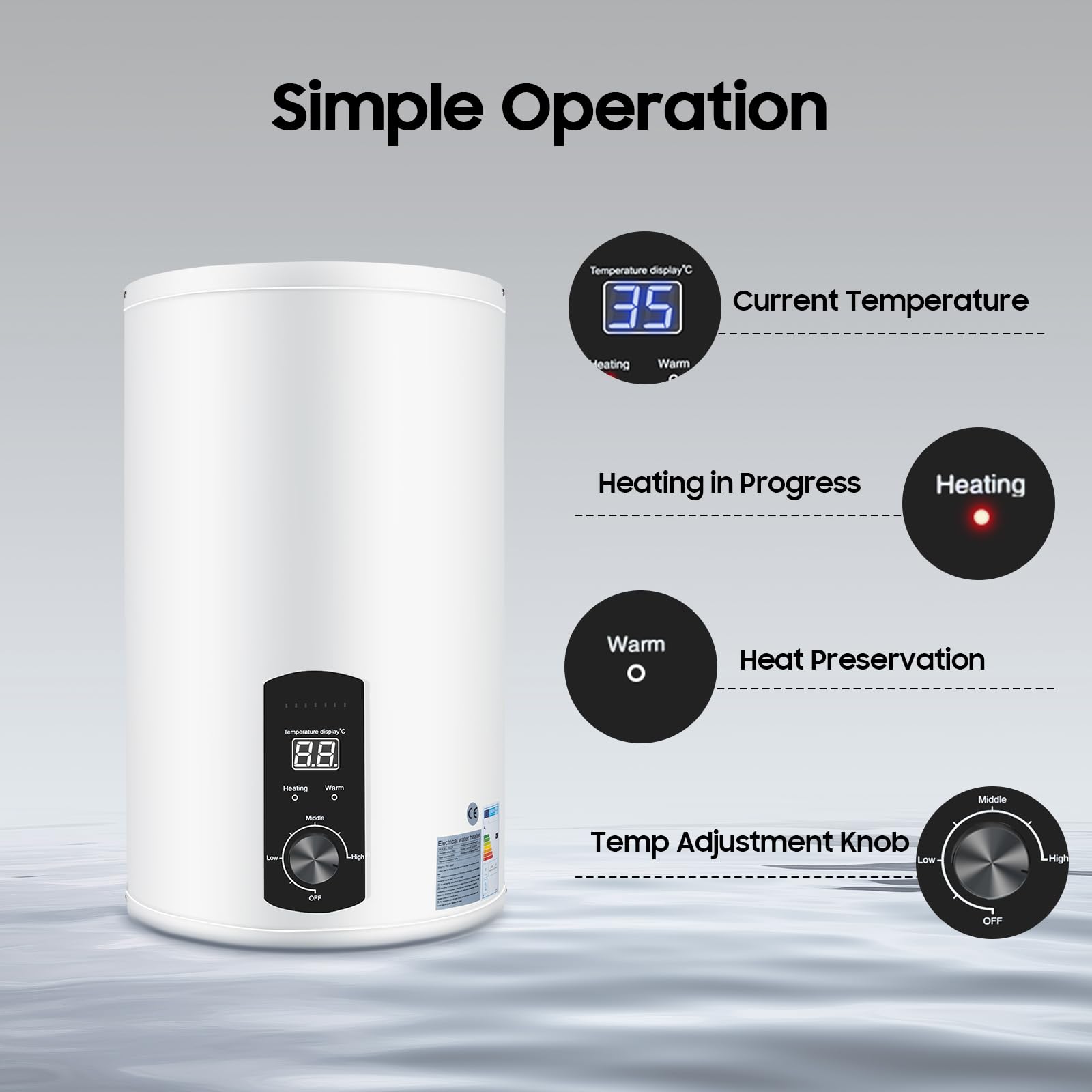 Scaldabagno elettrico ad accumulo | 2000 W elettrico istantaneo | Boiler ad acqua da parete con doccetta e tubi | Intervallo di controllo della temperatura: 25 – 75 °C | Capacità contenitore 30 – 70 L