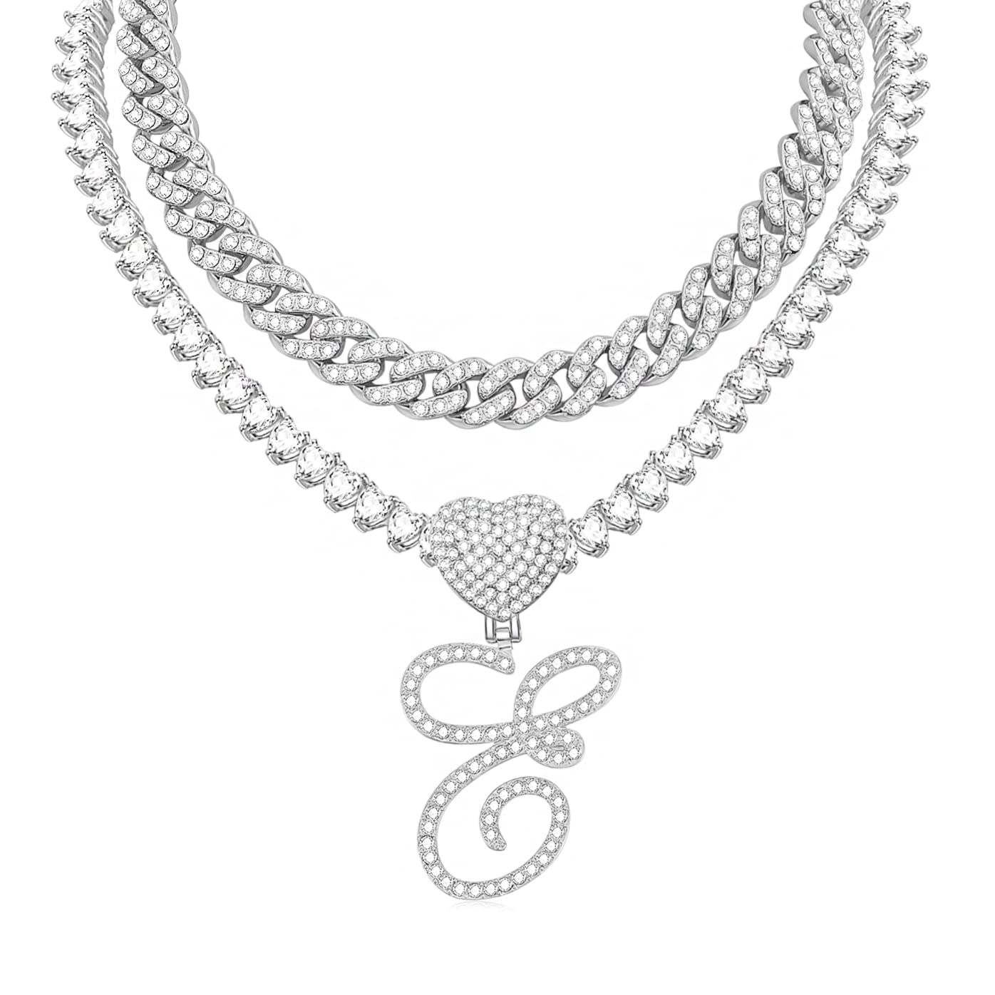 KOHOTA Gold Cuban Link Chain for Women Cursive Initial Pendant Necklace Layered Heart Shaped Zirconia Iced Out Chain Bling Necklace 24K Gold Plated Luxury Hip Hop Jewelry, Cubic Zirconia