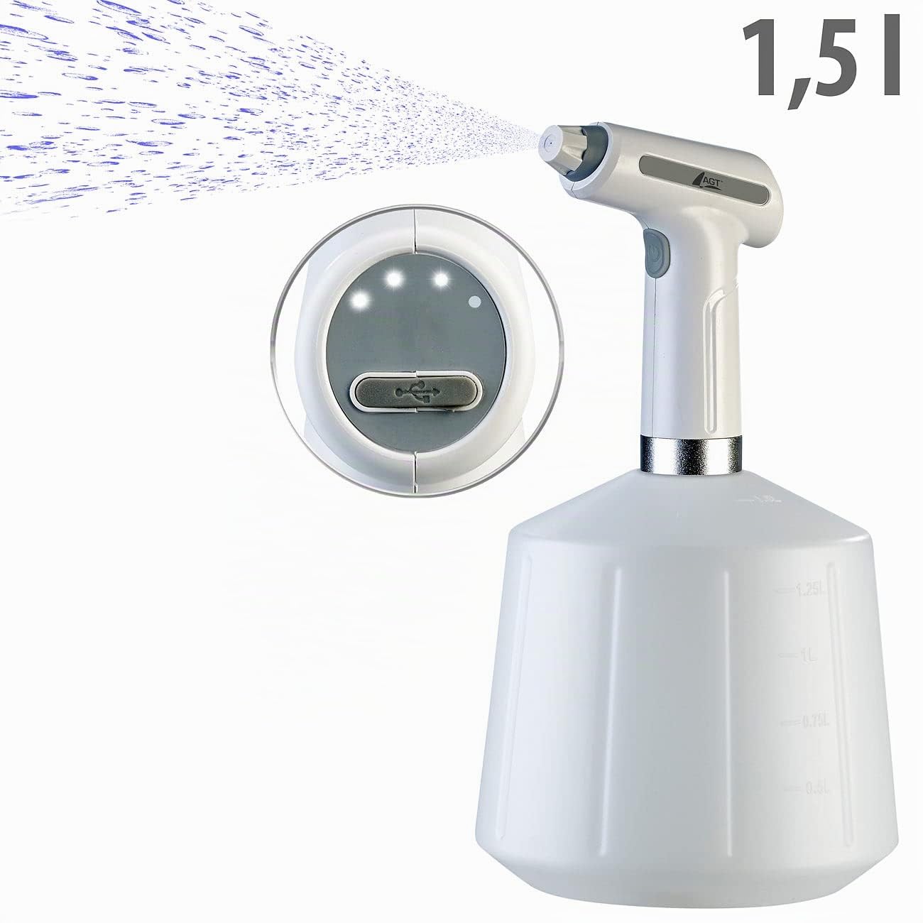 AGT Akku Sprühflasche: 2er-Set Akku-Pump-Drucksprüher mit Einstell-Düse, je 1,5 Liter (Sprayflasche, automatischer Wassersprüher, Kühl)