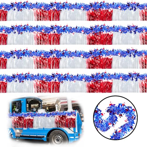 8 Pcs 4th of July Parade Float Patriotic Decorations Independence Day Red White and Blue Decorations Set Includes 4 Pcs 9.9ft Foil Patriotic Fringe and 4 Pcs 9.9ft Tinsel Garland for Indoor/Outdoor