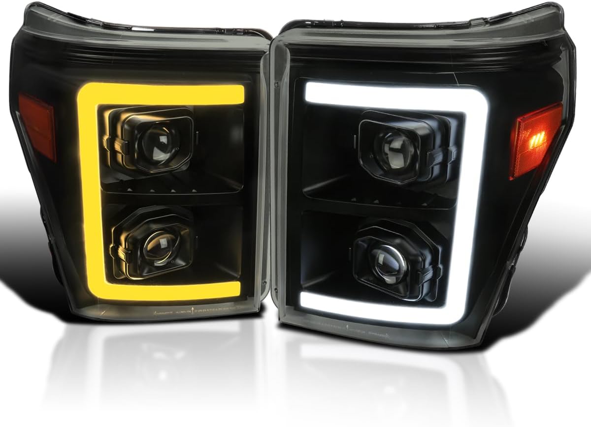 SPEC-D TUNING Black Smoke Projector Headlights w/Switchback Sequential LED Bar and Startup Animation Compatible with 2011-2016 Ford F250, F350, F450, F550 Super Duty, Left + Right Pair Headlamps
