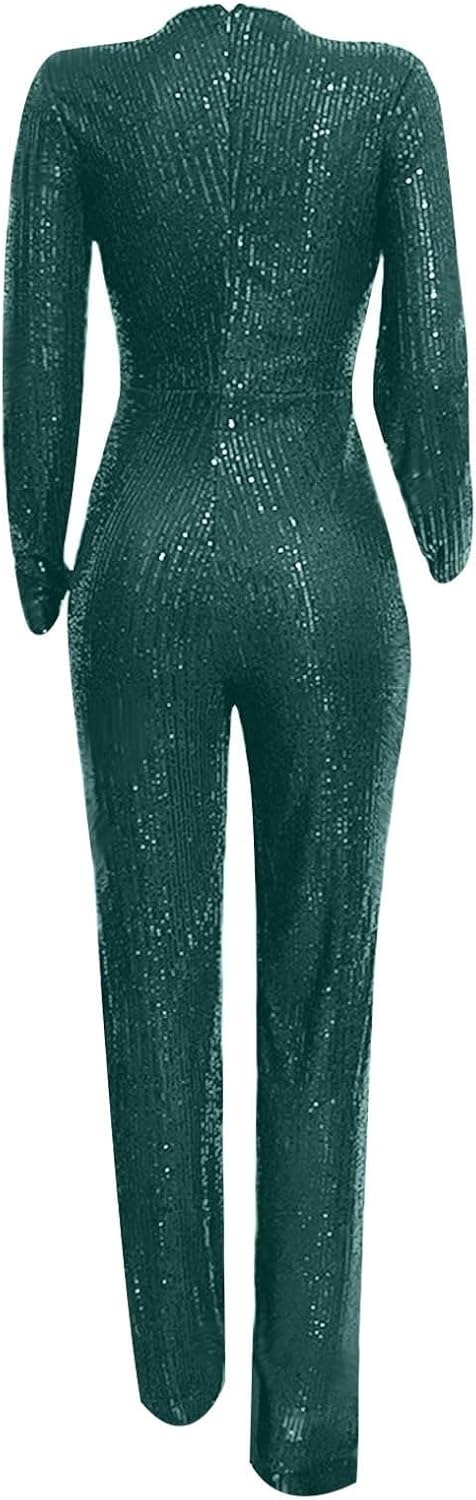 Womens 2024 Summer Sexy Deep V Neck Jumpsuits Long Sleeve One Piece Sequins Overalls Dressy Wide Leg Rompers - Image 5