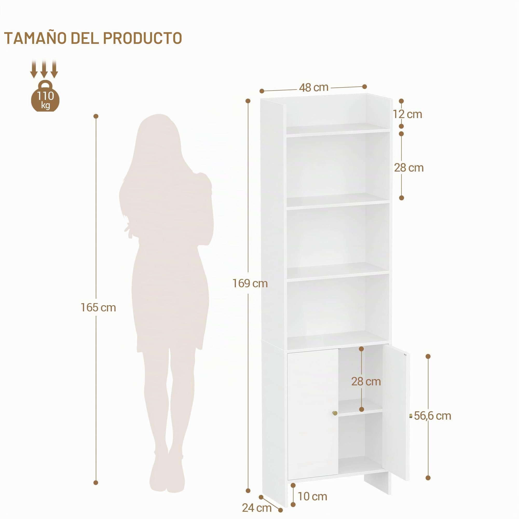 Hzuaneri Librería de 2 Puertas, Estantería de 6 Niveles, Amplio Armario, Estantería de Almacenamiento para Salón y Oficina en casa, 24 x 48 x 169,2 cm, Blanco, BC62003X