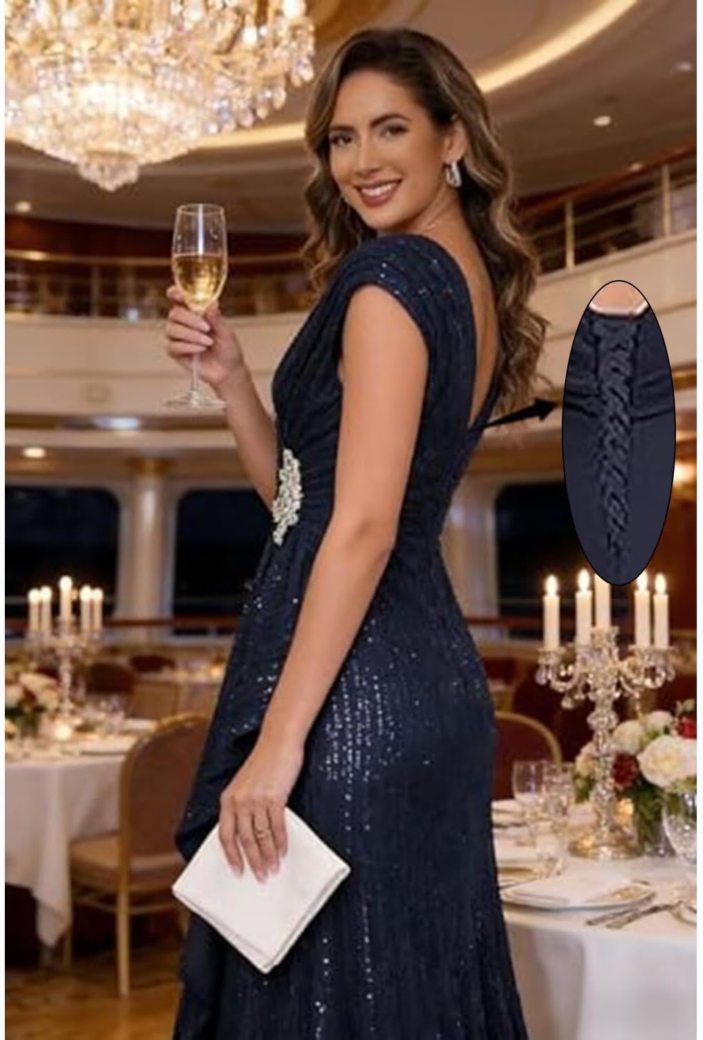 Sequin Mother of Groom Dress Long Cap Sleeve Mother of The Bride Dresses for Women A Line V Neck Evening Gown