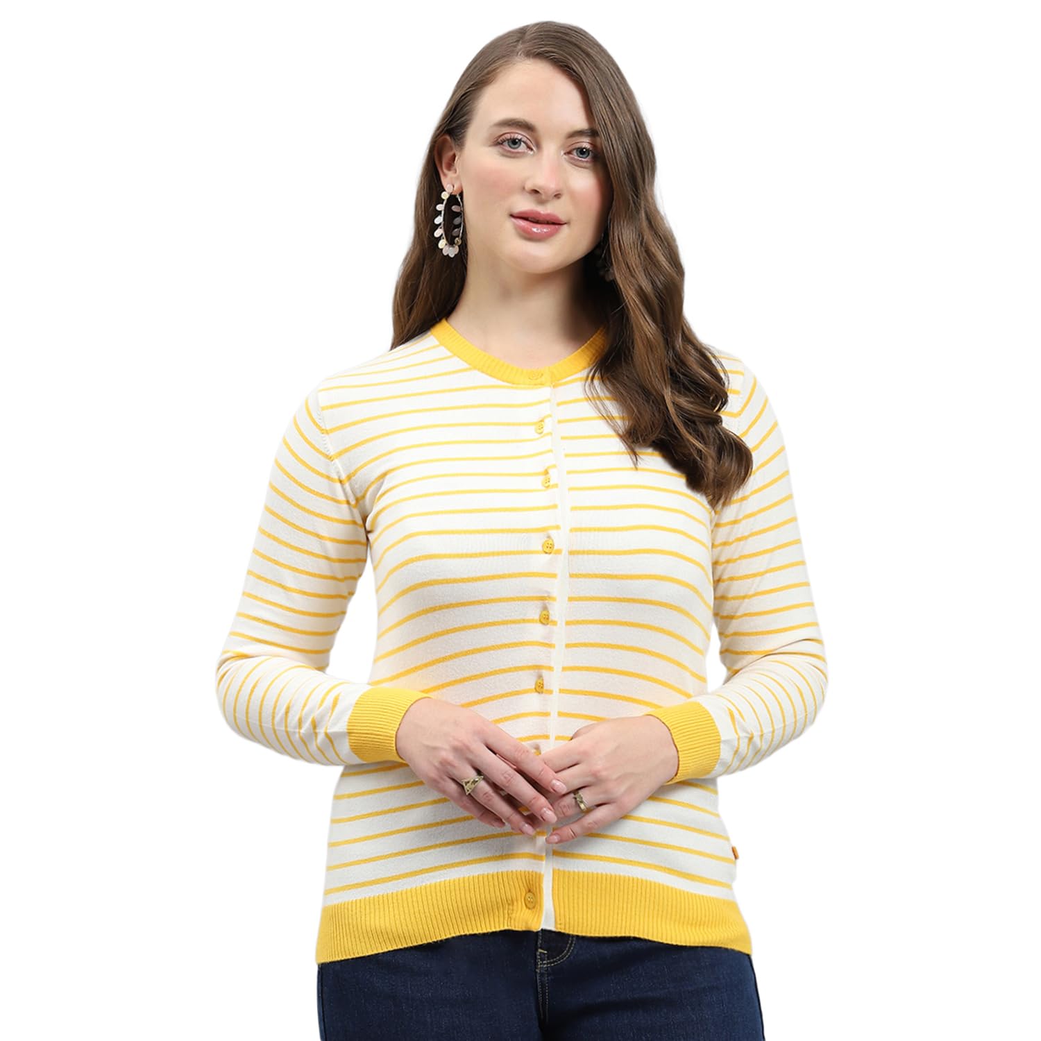 monte carlo Womens Self Design Round Neck Wool Blend Cardigan Yellow-picture-25