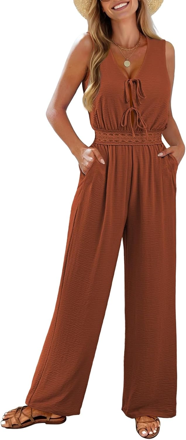 Pink Queen Jumpsuits for Women Casual Sleeveless V Neck Tie Front Wide Leg Pants Romper Summer Vacation Outfits